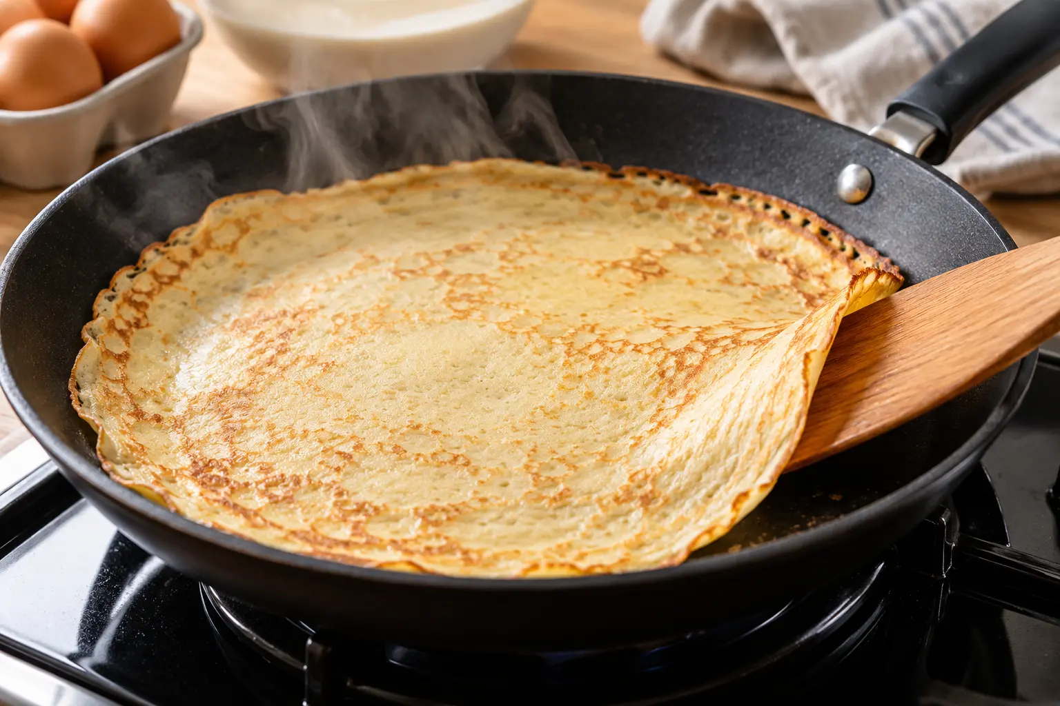 Crêpe protéinée en train de cuire dans une poêle avec des bords dorés qui commencent à se décoller