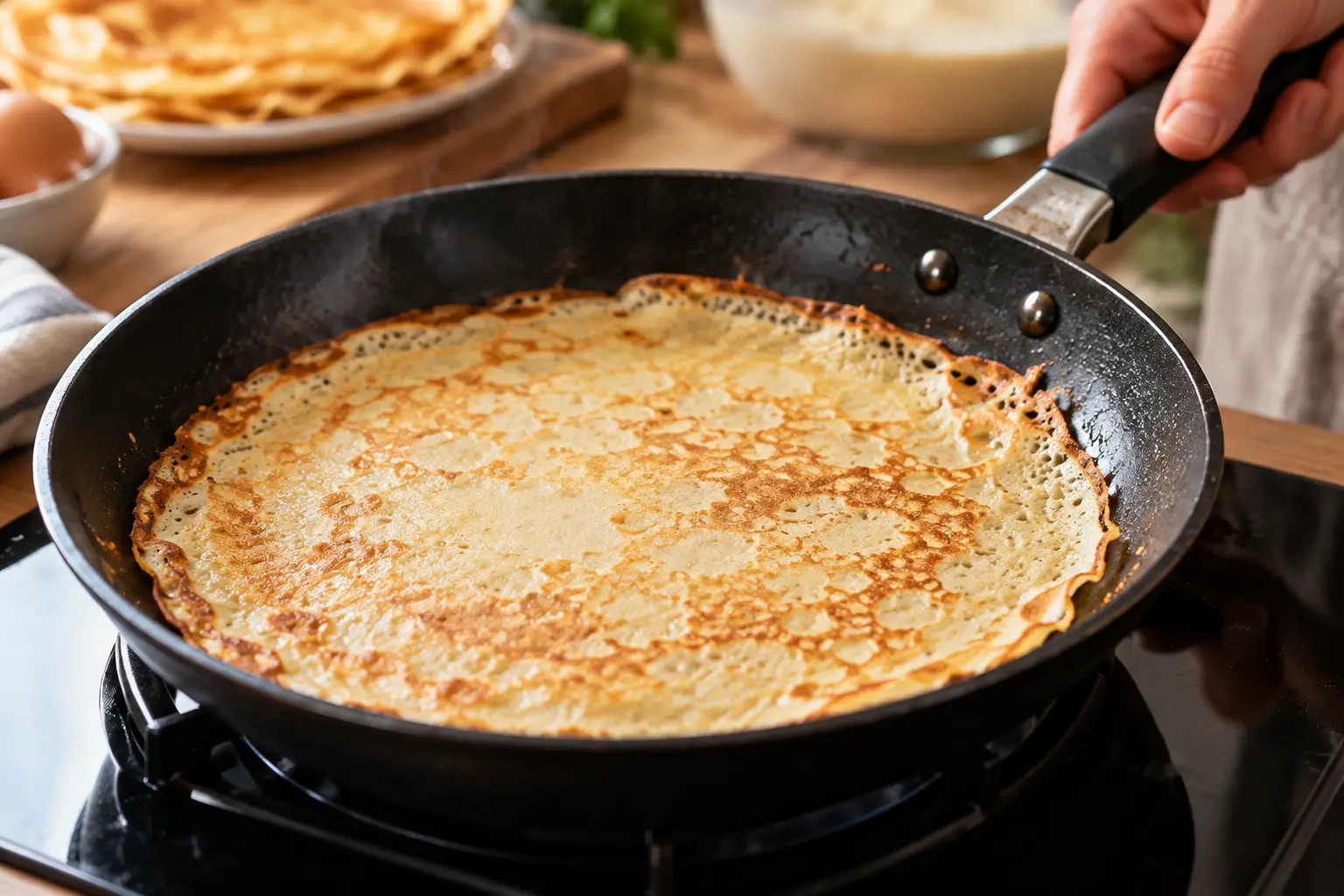 Crêpe au fromage blanc en train de cuire dans une poêle, bords dorés