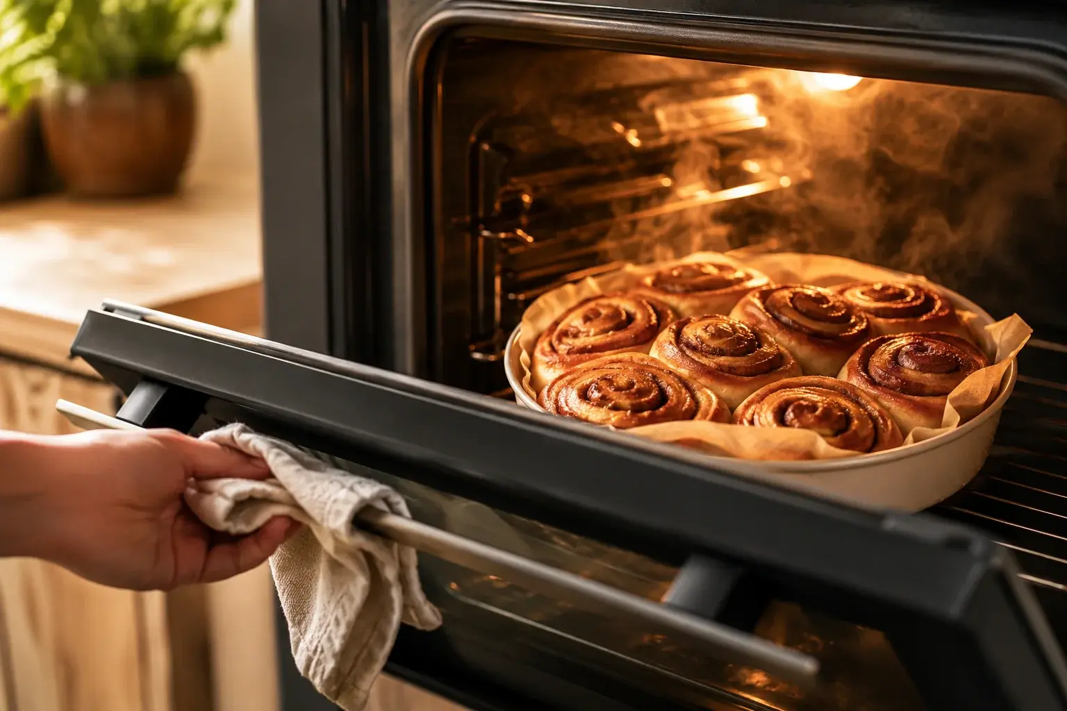 Cinnamon rolls dorés sortant du four dans leur moule, vapeur visible