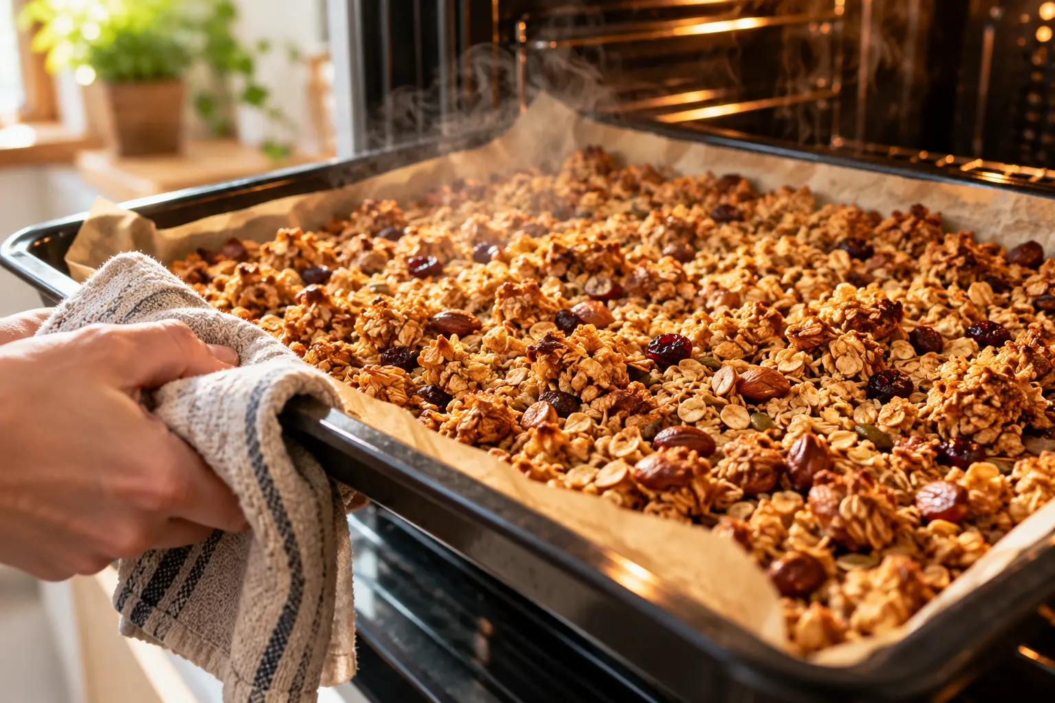 Granola protéiné doré sur plaque de cuisson sortant du four