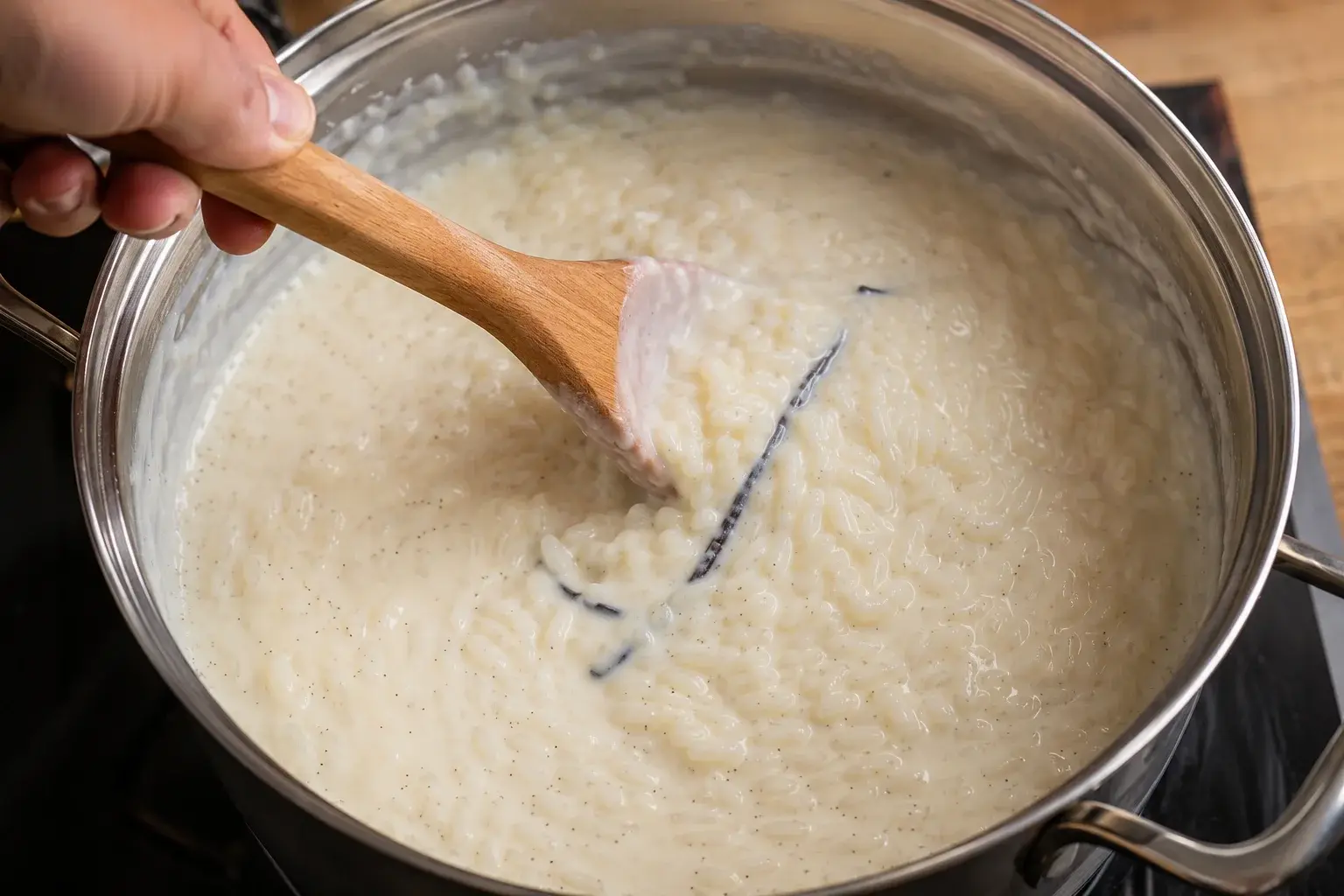 Cuillère en bois remuant le riz dans le lait vanillé en cours de cuisson