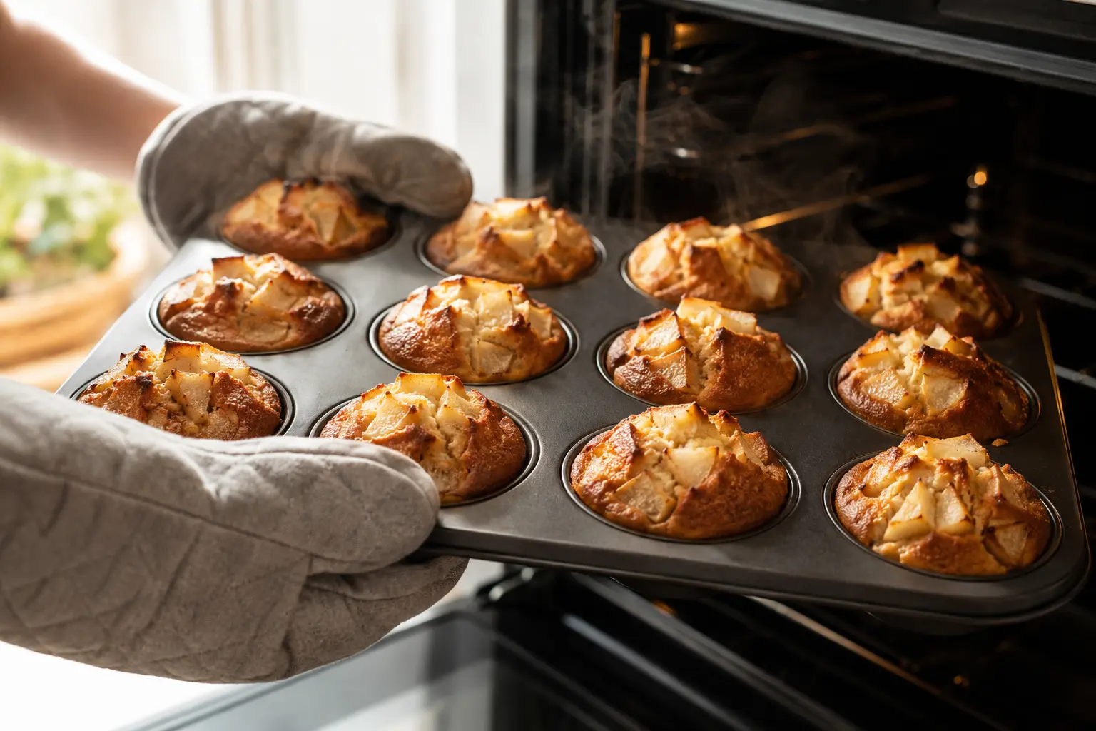 Muffins poires-chocolat dorés sortant du four dans leur moule