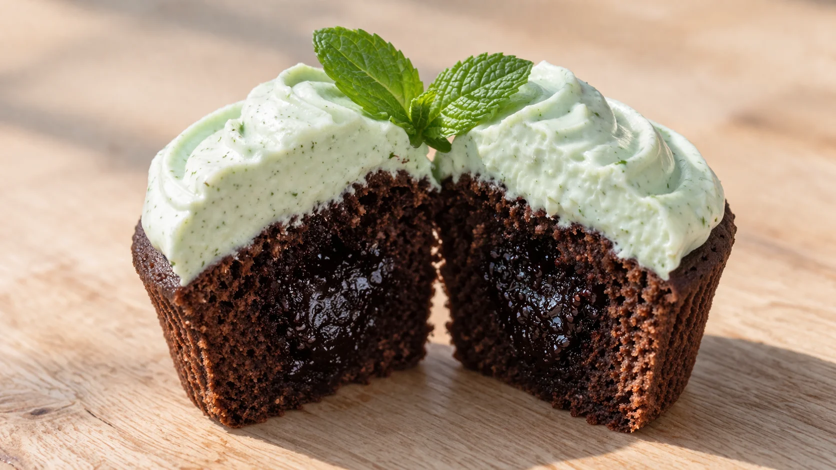Gros plan sur un cupcake protéiné chocolat-menthe coupé en deux révélant un cœur moelleux et foncé, glaçage menthe vert pâle crémeux sur le dessus, fond bois clair