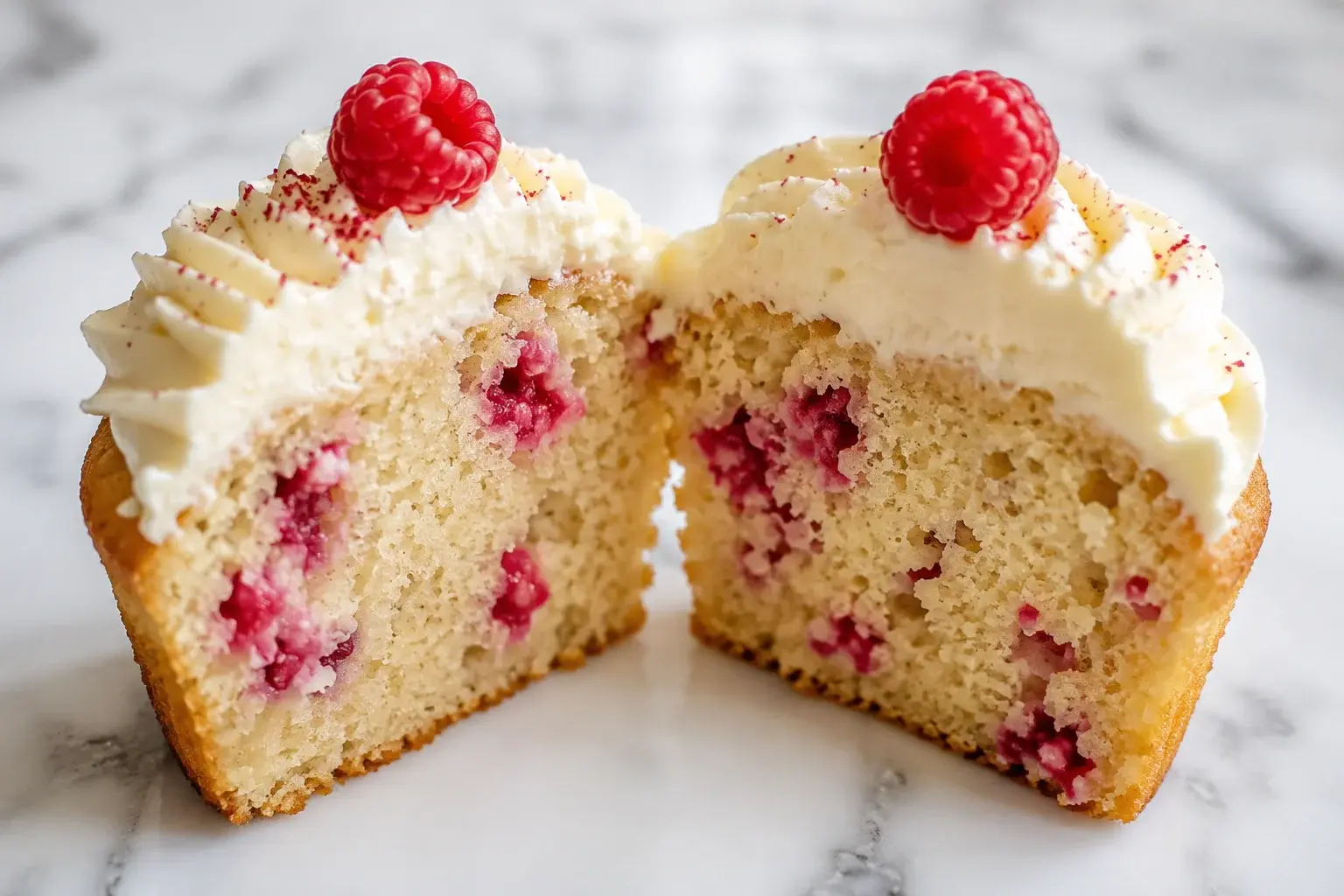 Gros plan sur un cupcake vanille-framboise protéiné avec frosting au fromage frais