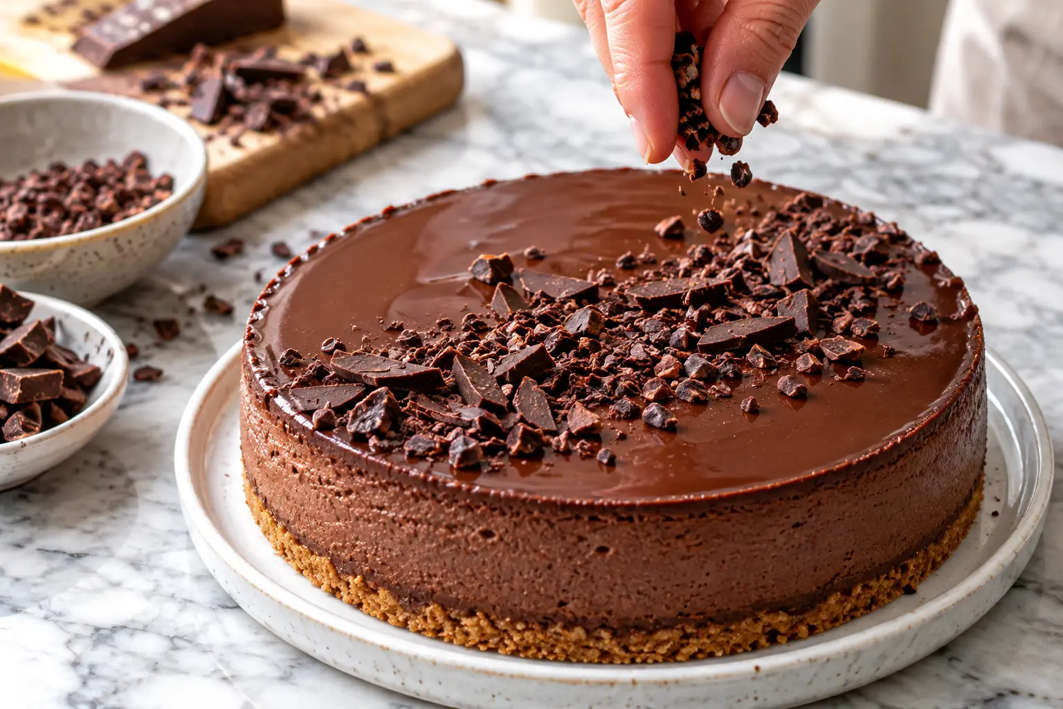 Cheesecake chocolat noir démoulé avec éclats de cacao parsemés dessus