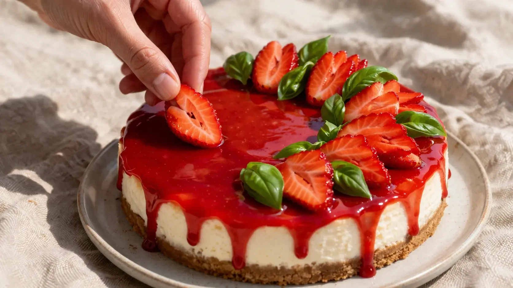 Main disposant des fraises fraîches coupées en éventail et des feuilles de basilic vert sur le cheesecake nappé de coulis rouge vif, décoration en cours, fond lin beige, lumière naturelle