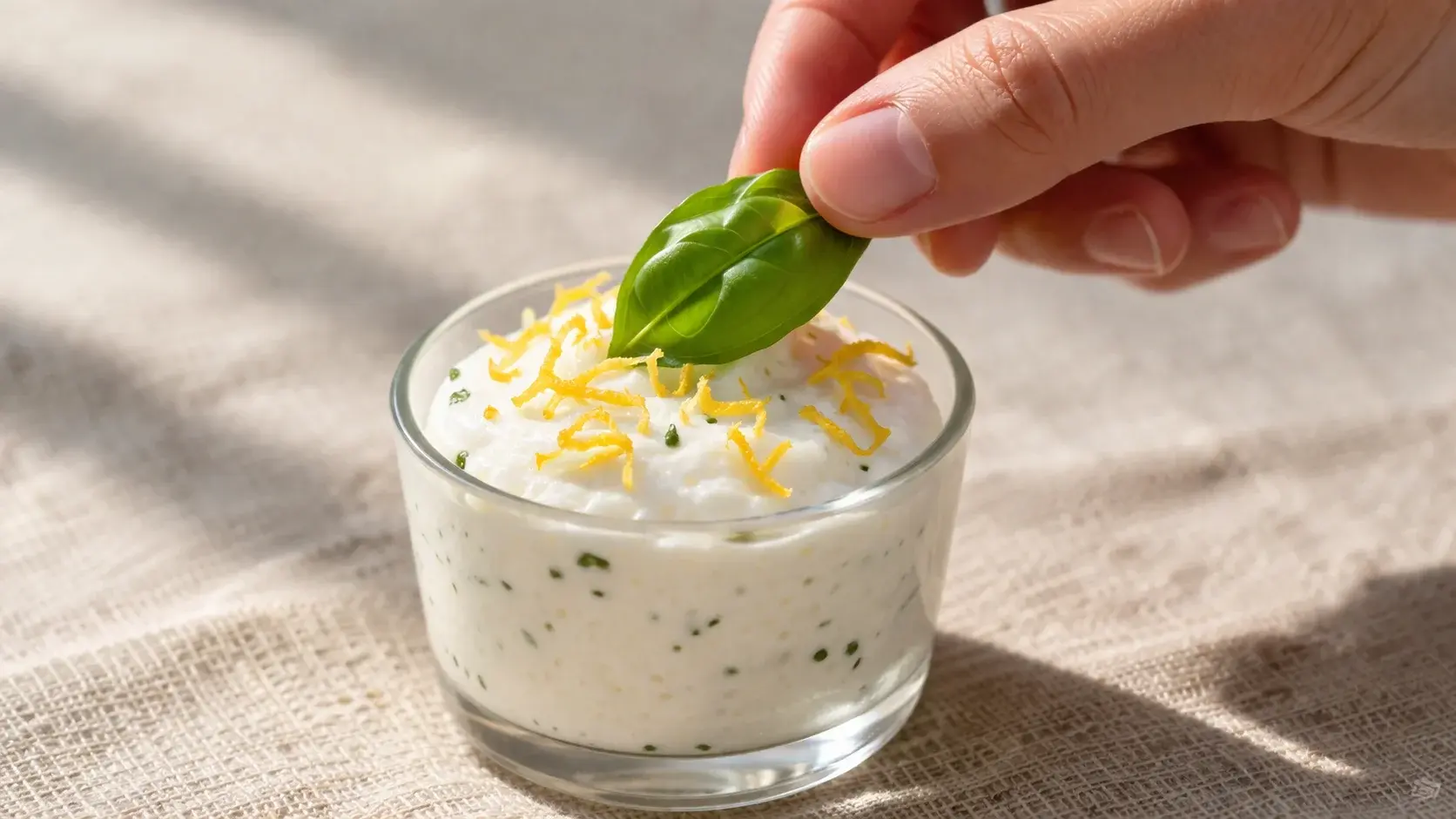 Deux mains déposant une feuille de basilic frais vert sur une verrine de mousse citron-basilic blanche et aérienne, zestes de citron jaune visibles, fond lin beige, lumière naturelle