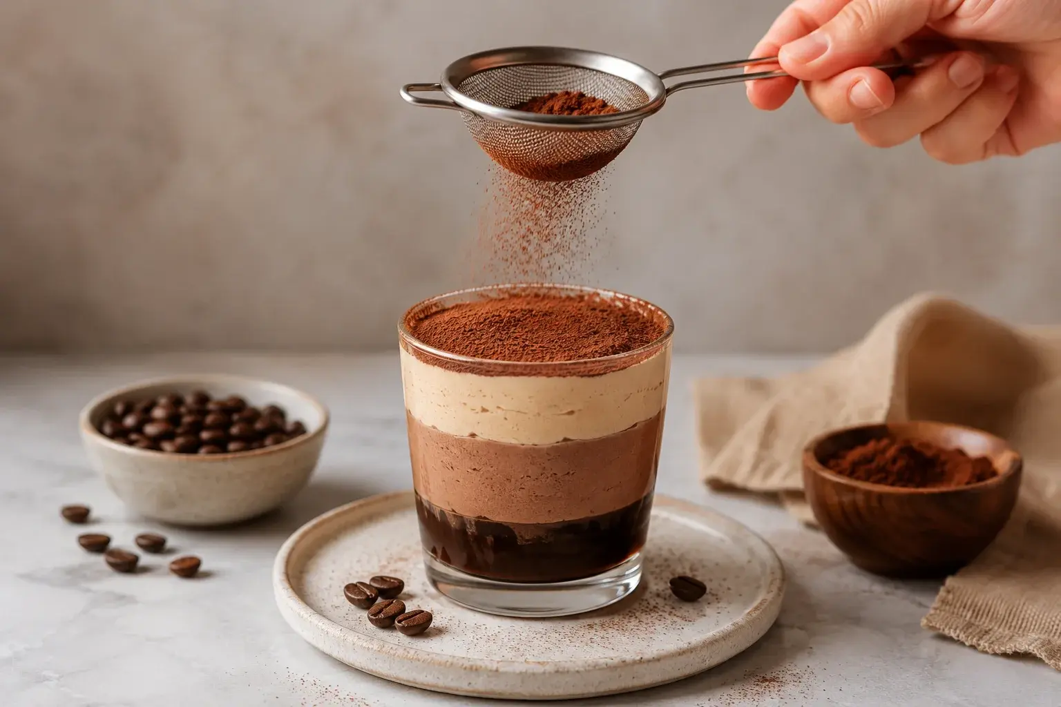 Main saupoudrant du cacao en poudre sur le parfait café-cacao fini