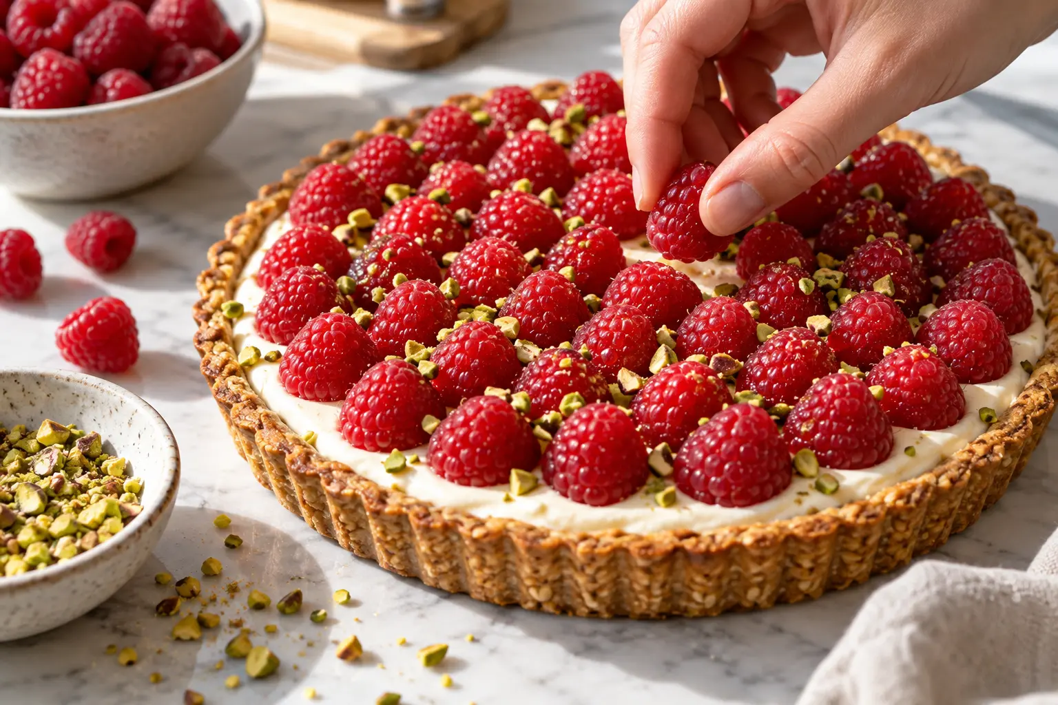 Tarte aux framboises protéinée en cours de décoration avec des framboises fraîches ajoutées sur le dessus