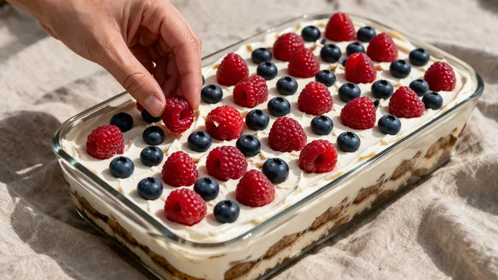 Main disposant des framboises fraîches rouges et des myrtilles bleues sur la surface crémeuse blanche du tiramisu dans le plat rectangulaire, décoration colorée en cours, fond lin beige, lumière naturelle