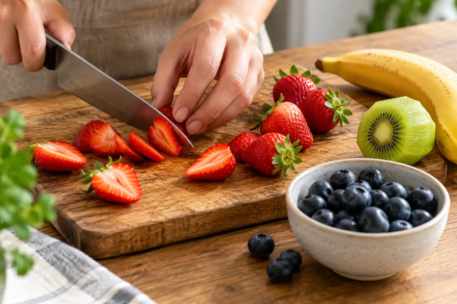 Main découpant des fraises sur une planche en bois avec les autres fruits préparés à côté