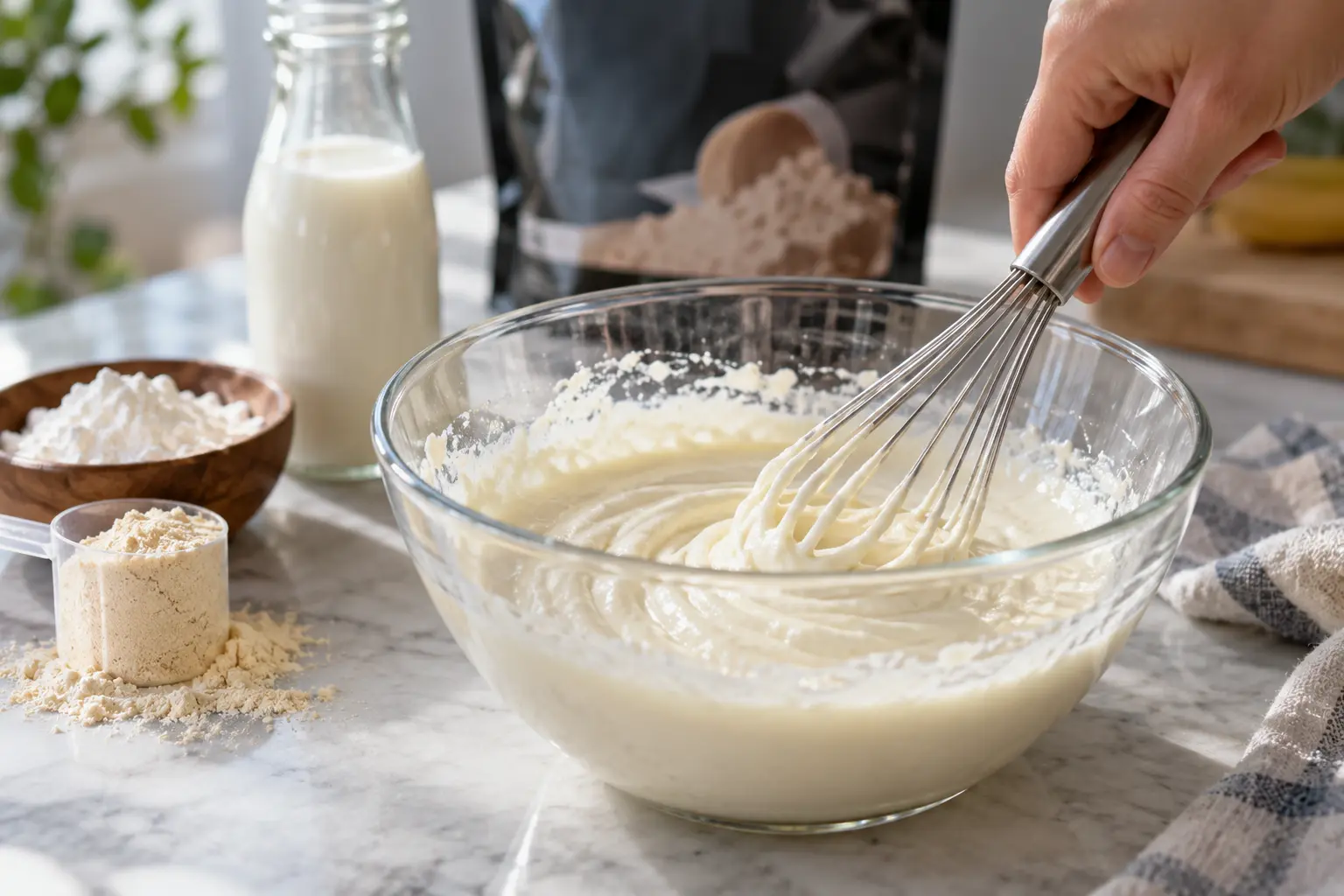 Main fouettant la maïzena et la whey dans un bol de lait froid