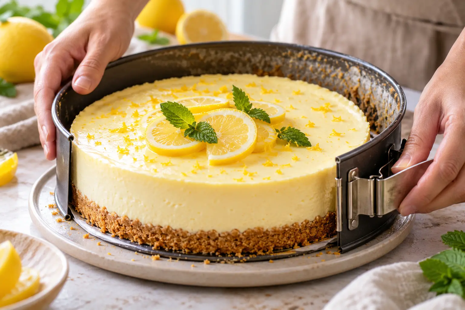 Cheesecake au citron démoulé, décoré de rondelles de citron et menthe fraîche
