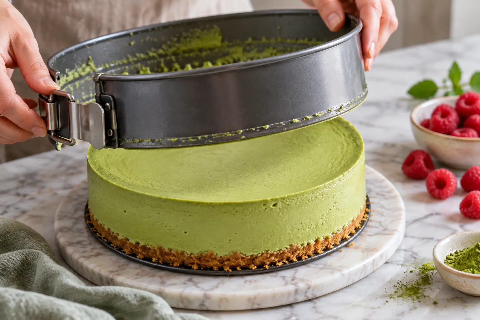 Cheesecake matcha protéiné démoulé, saupoudré de matcha, avec un couteau glissant le long du moule