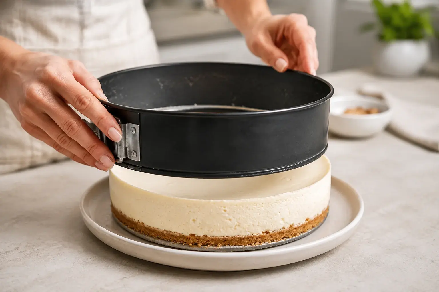 Cheesecake démoulé sur un plat de service, surface lisse et uniforme