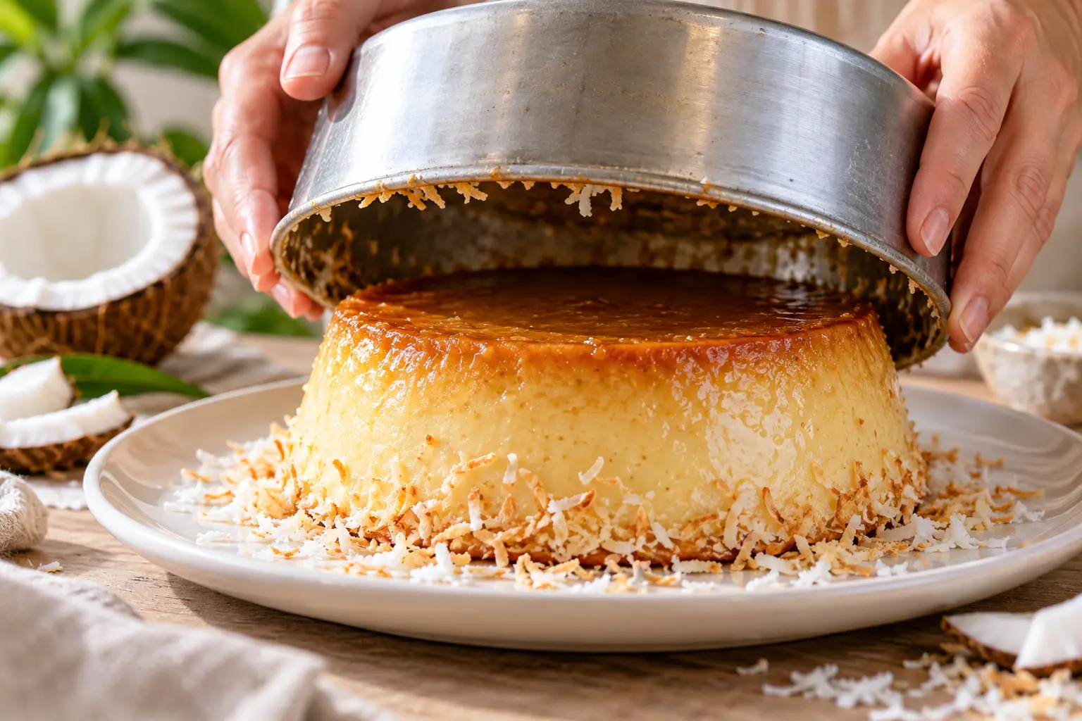 Flan coco protéiné démoulé sur une assiette, saupoudré de coco râpée