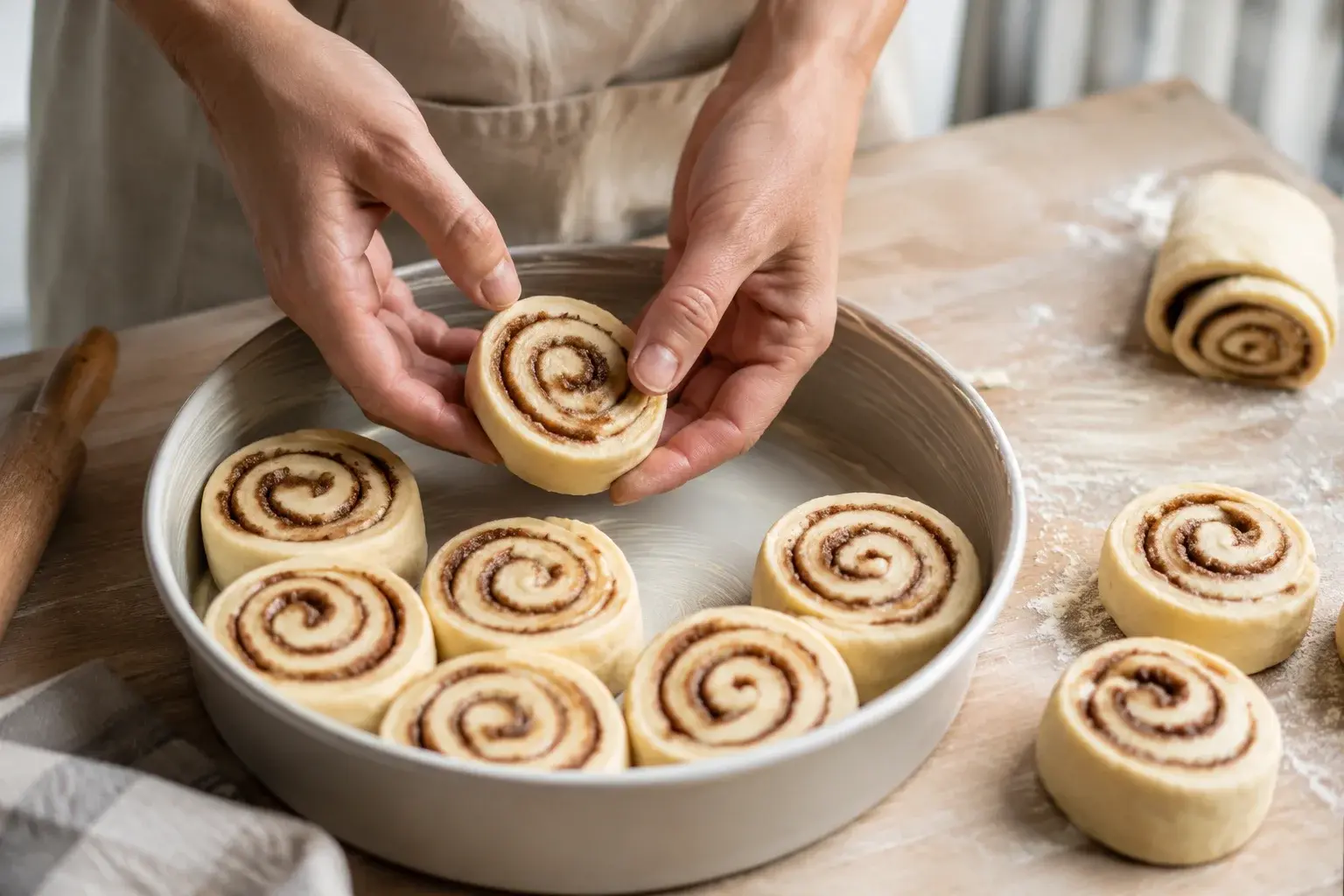 Huit cinnamon rolls crus disposés dans un moule rond, recouverts d'un torchon