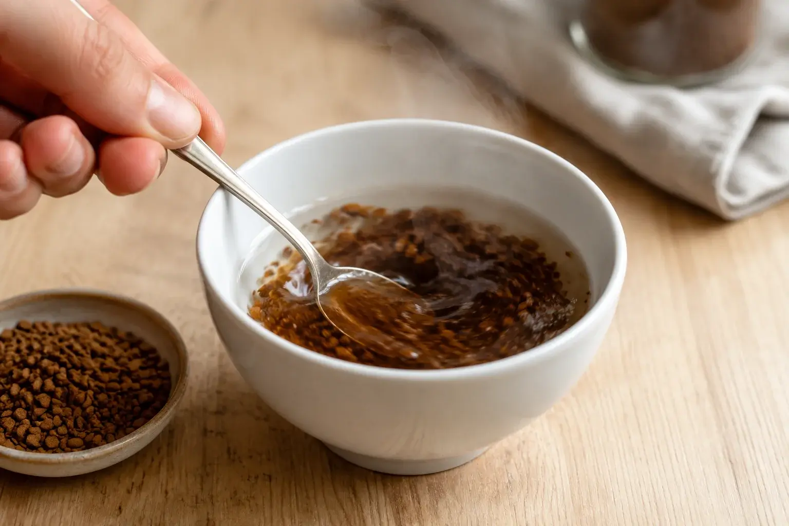 Cuillère mélangeant le café instantané dans un petit bol d'eau chaude