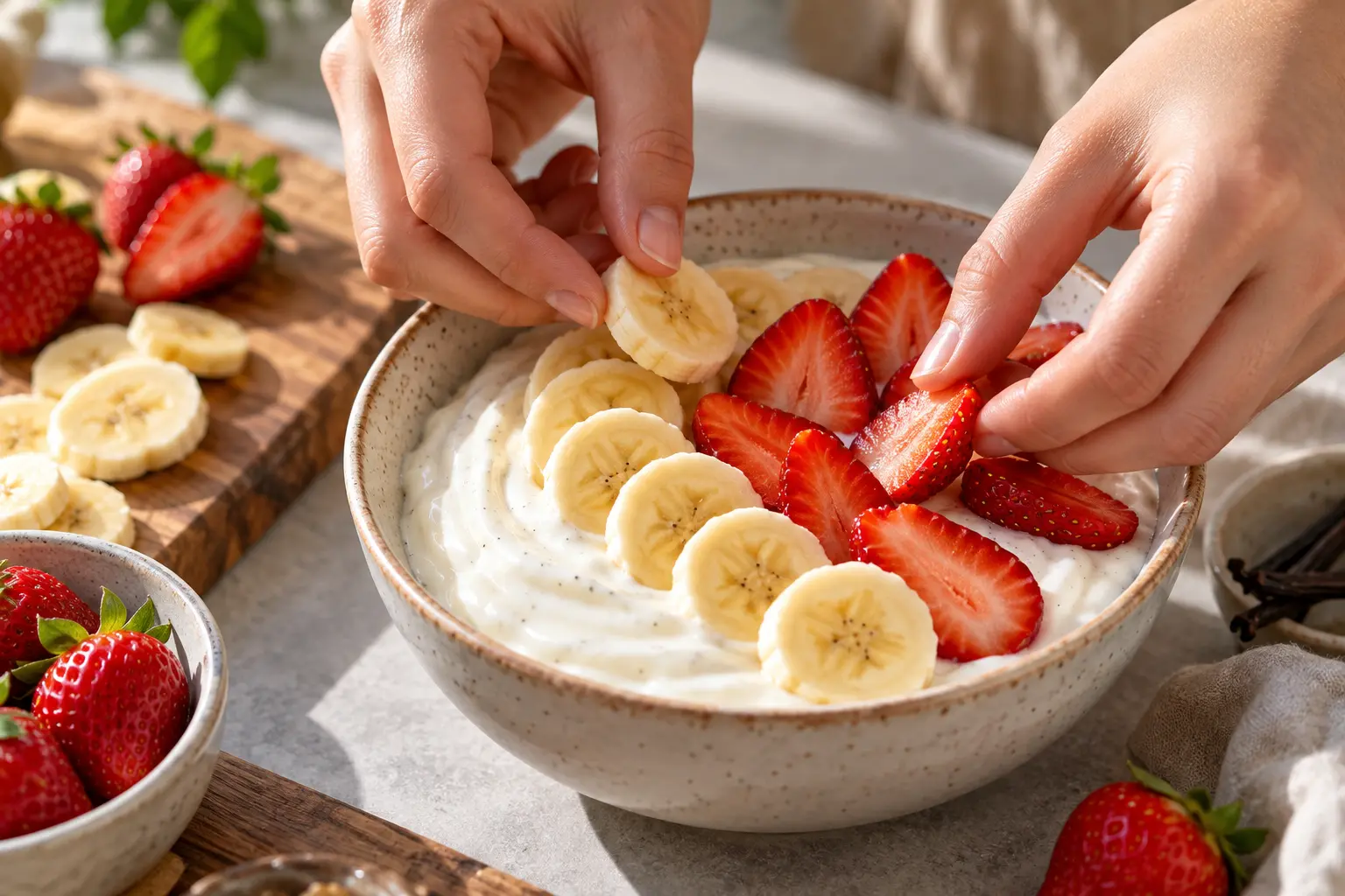 Mains disposant les fruits frais colorés sur la base de fromage blanc dans un bol