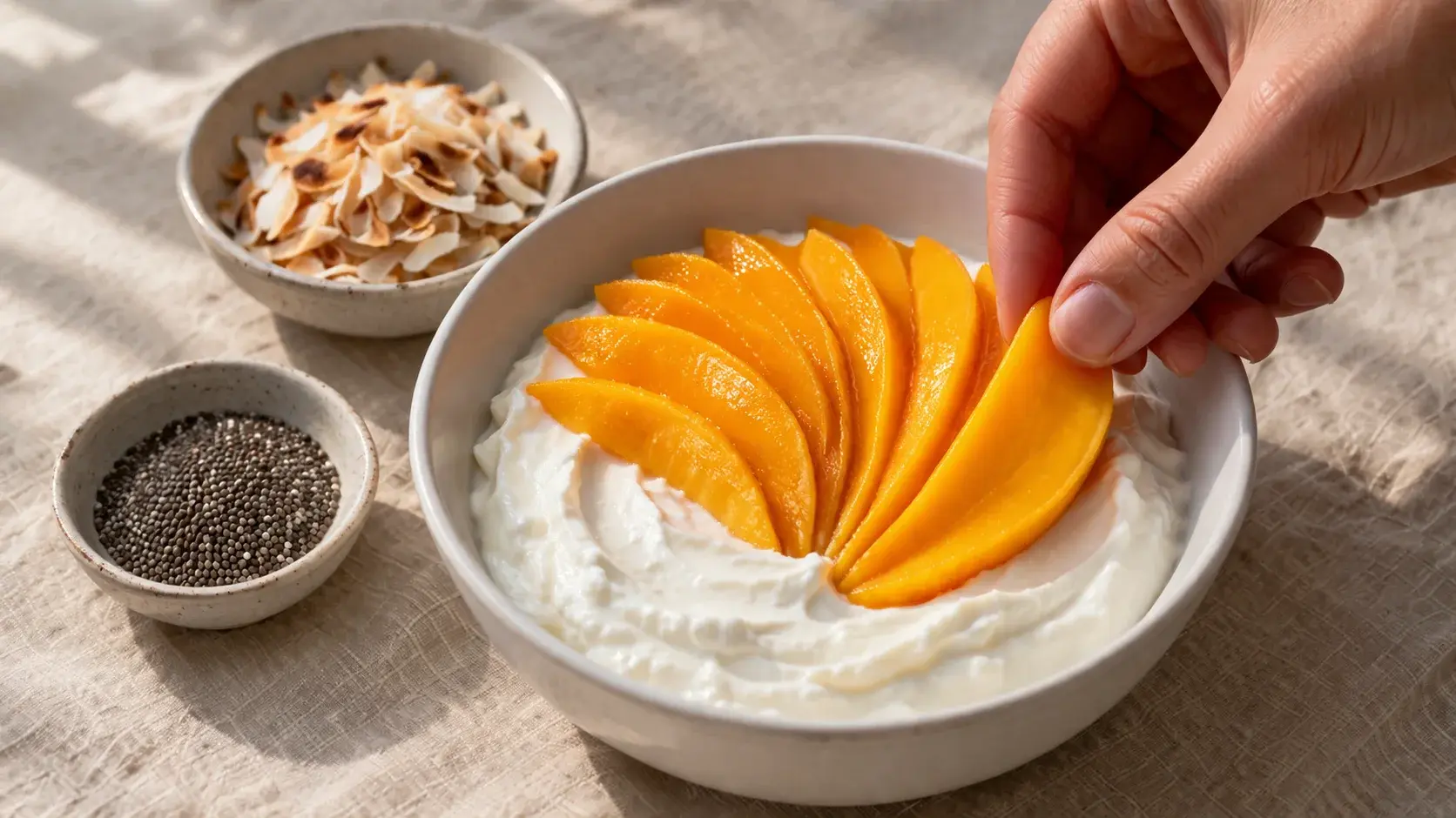 Main disposant délicatement des tranches de mangue en éventail sur la base de yaourt grec blanc dans un bol en céramique blanche, noix de coco grillée et graines de chia prêtes à saupoudrer, fond lin beige