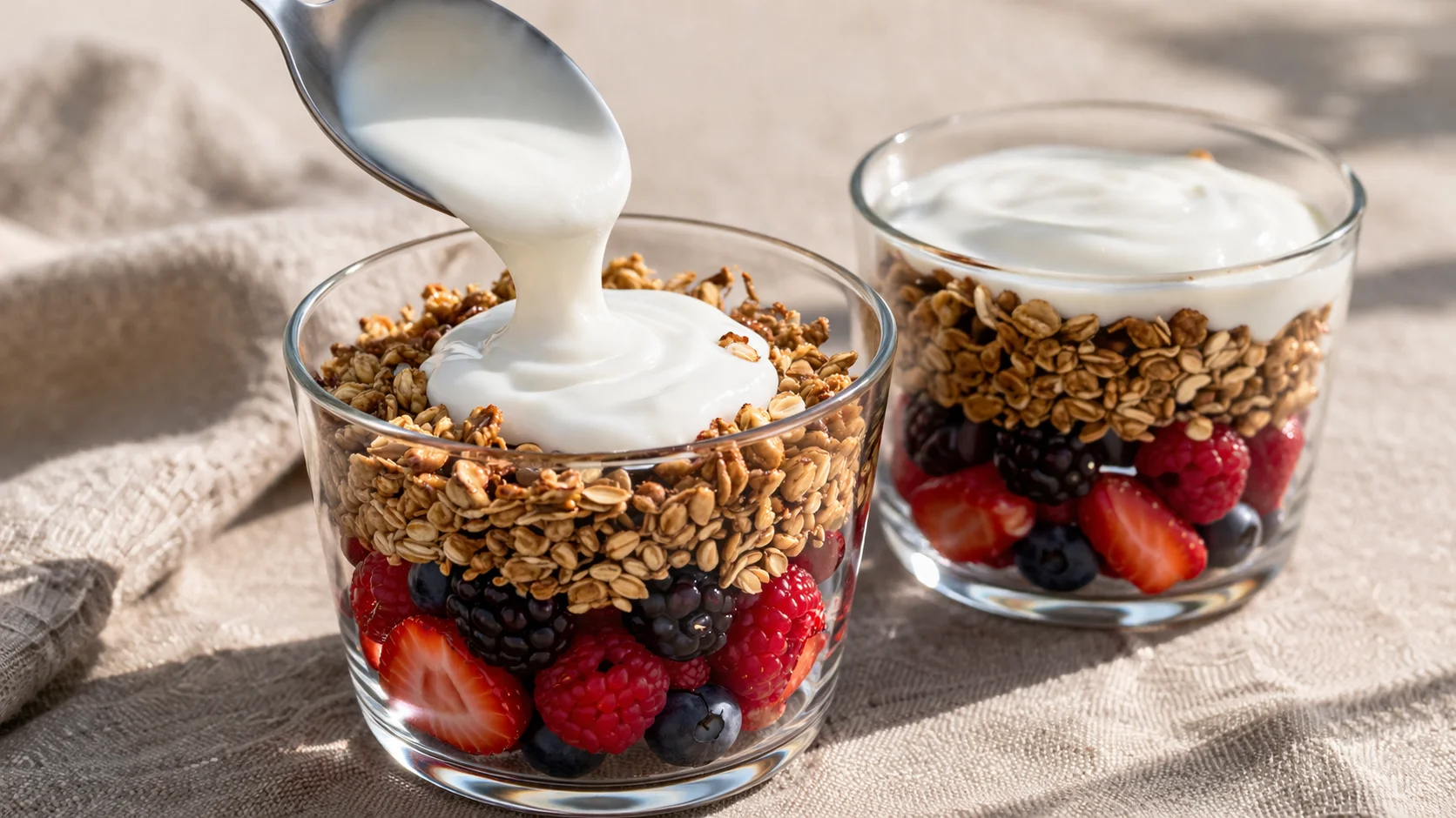 Main versant délicatement de la crème yaourt blanche sur une couche de granola doré dans une verrine transparente, couche de fruits rouges visible en dessous, fond lin beige