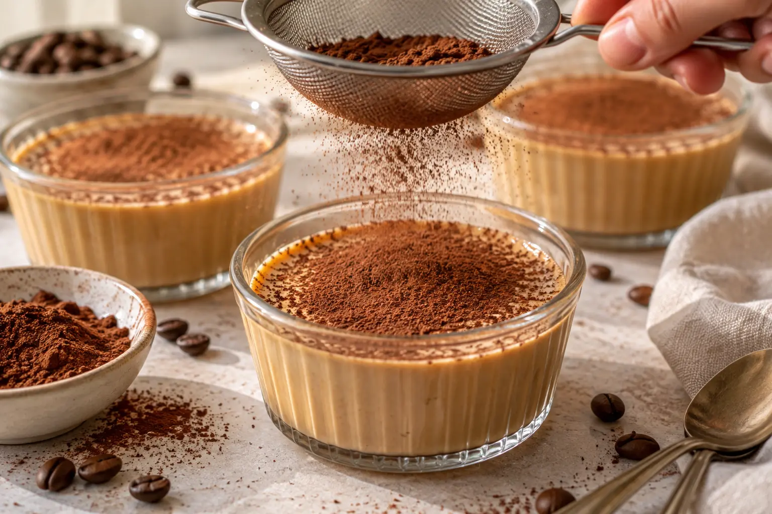 Crème café sans sucre ajouté saupoudrée de cacao amer, prête à être dégustée