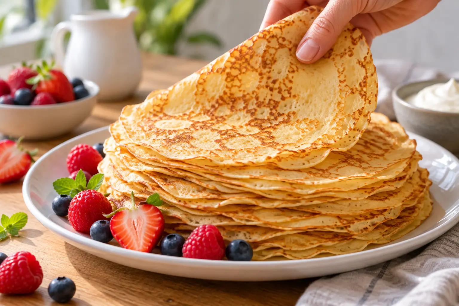 Crêpes légères au fromage blanc empilées et garnies de fruits frais sur une assiette
