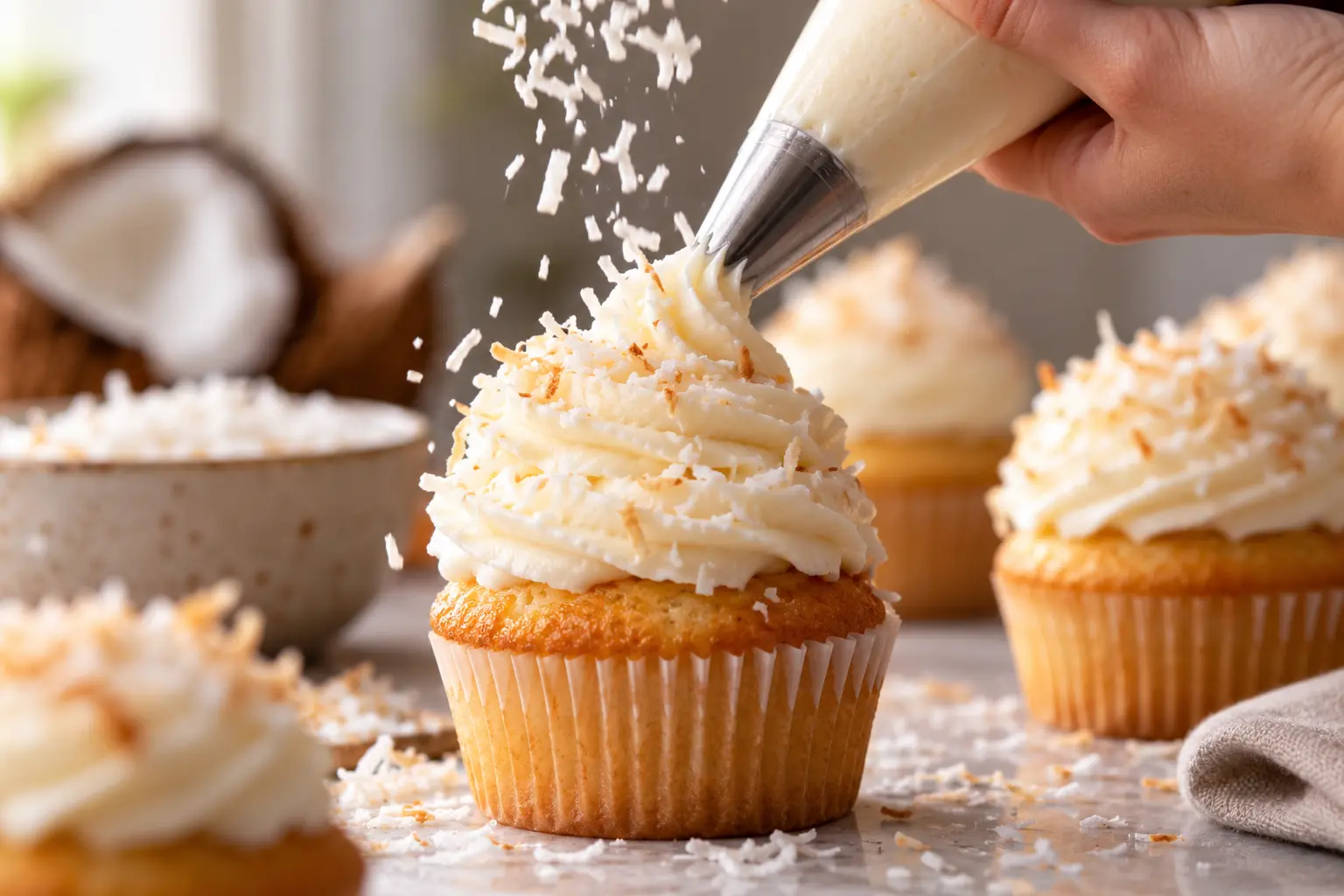 Poche à douille déposant le topping cream cheese sur un cupcake coco