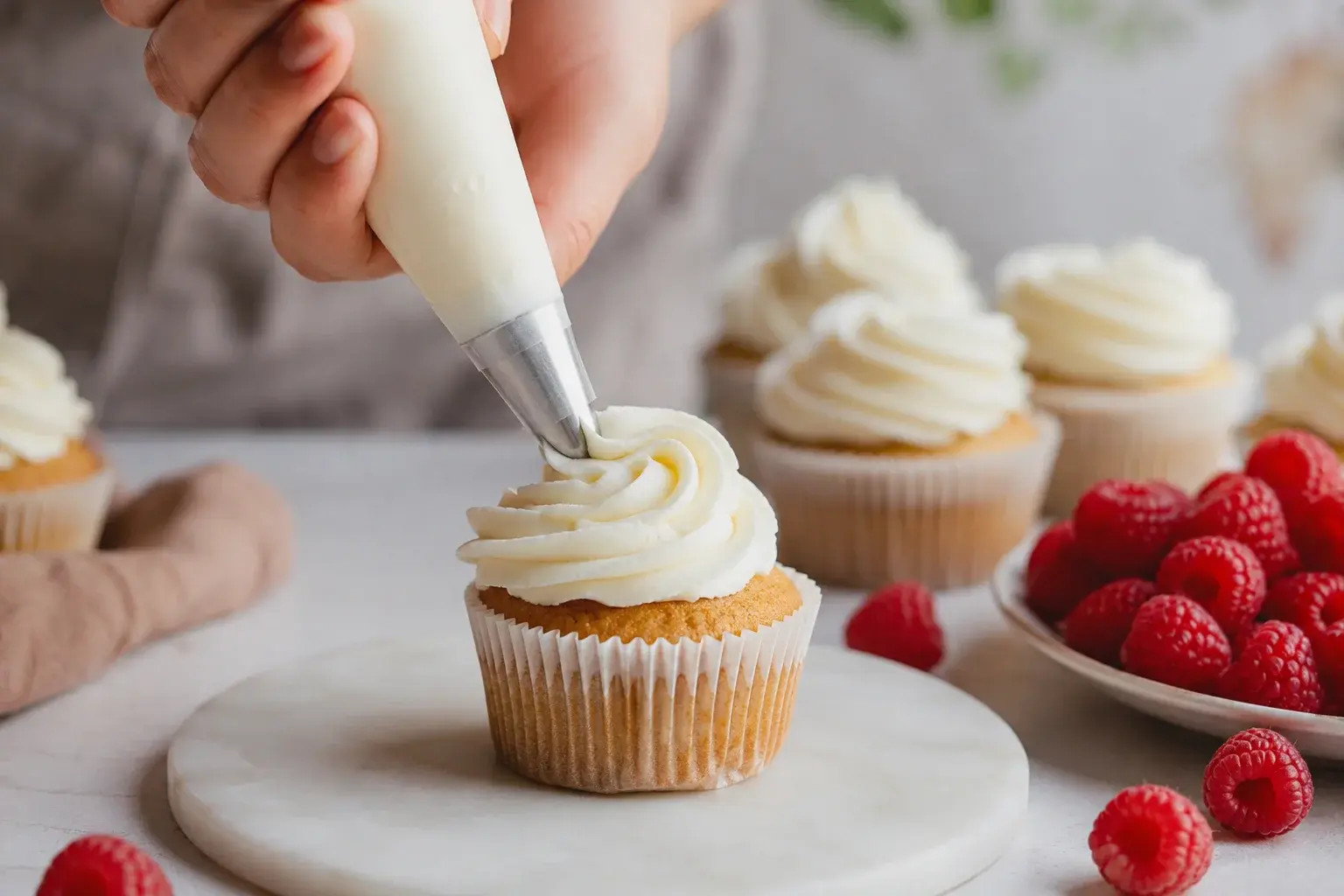 Dressage du frosting protéiné sur un cupcake vanille-framboise avec une poche à douille