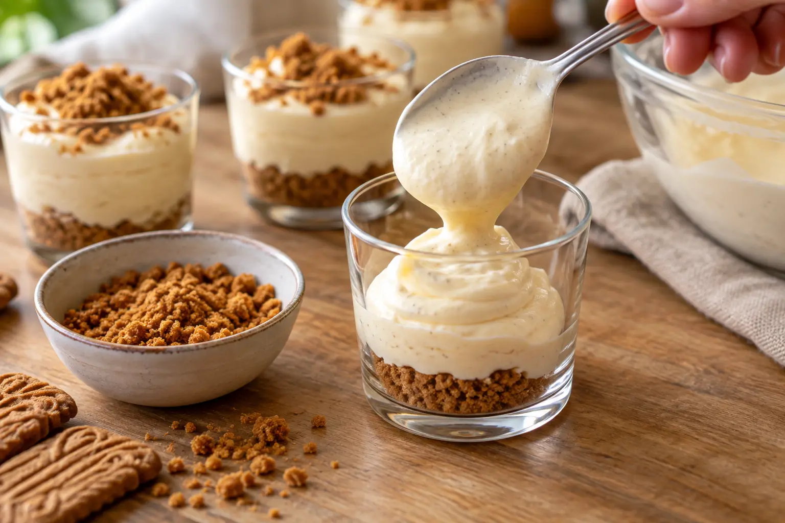 Verrines de mousse vanille-spéculoos garnies de miettes avant mise au réfrigérateur