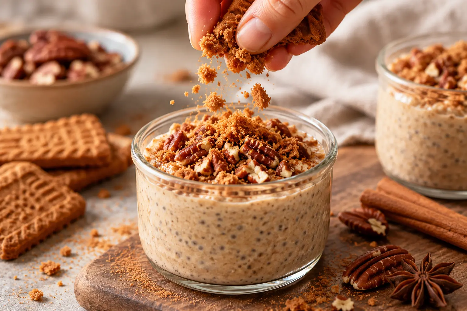 Pudding pain d'épices protéiné dressé avec spéculoos émiettés et noix de pécan