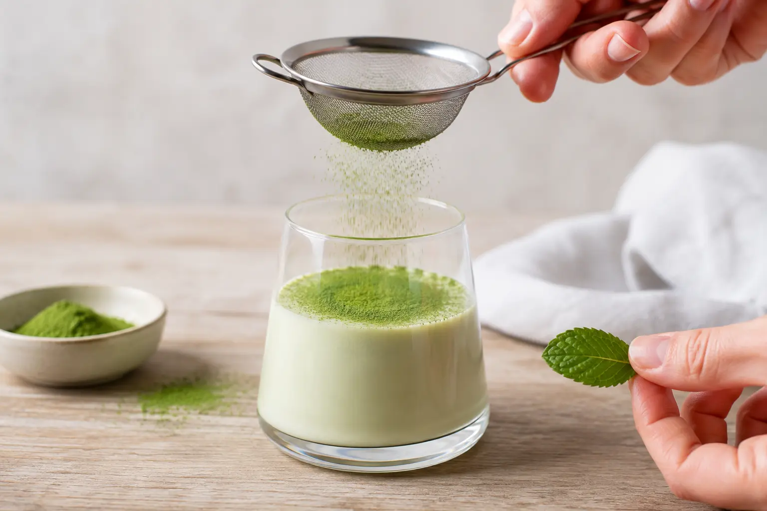 Panna cotta matcha protéinée dressée avec poudre de matcha et feuille de menthe