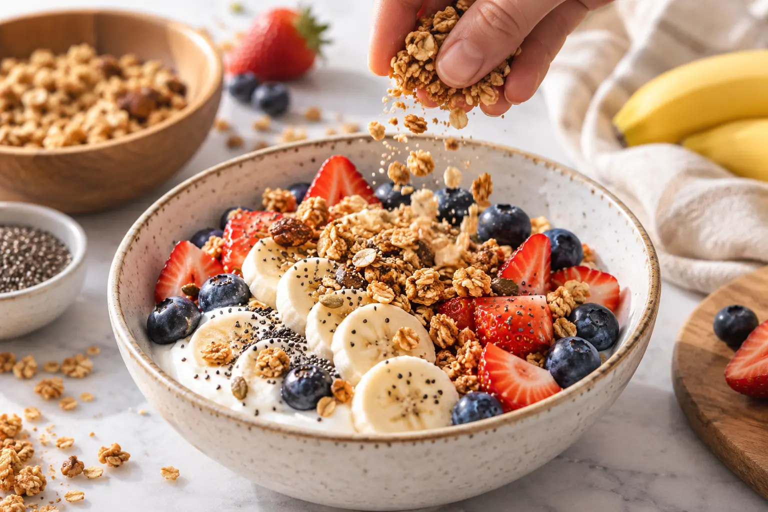 Main qui dépose du granola sur un bowl de yaourt grec garni de fruits frais