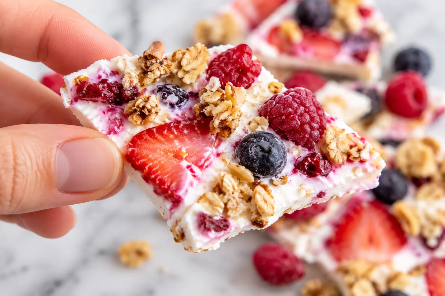 Gros plan sur un morceau d'écorce de yaourt glacé montrant les fruits rouges et le granola