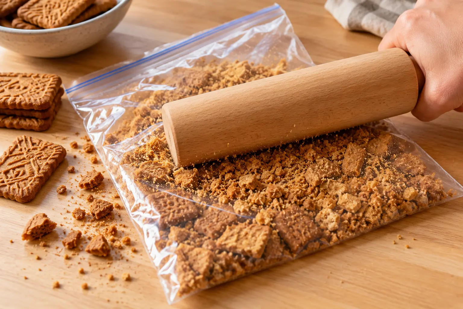 Miettes de spéculoos de différentes tailles sur un plan de travail après écrasement au rouleau