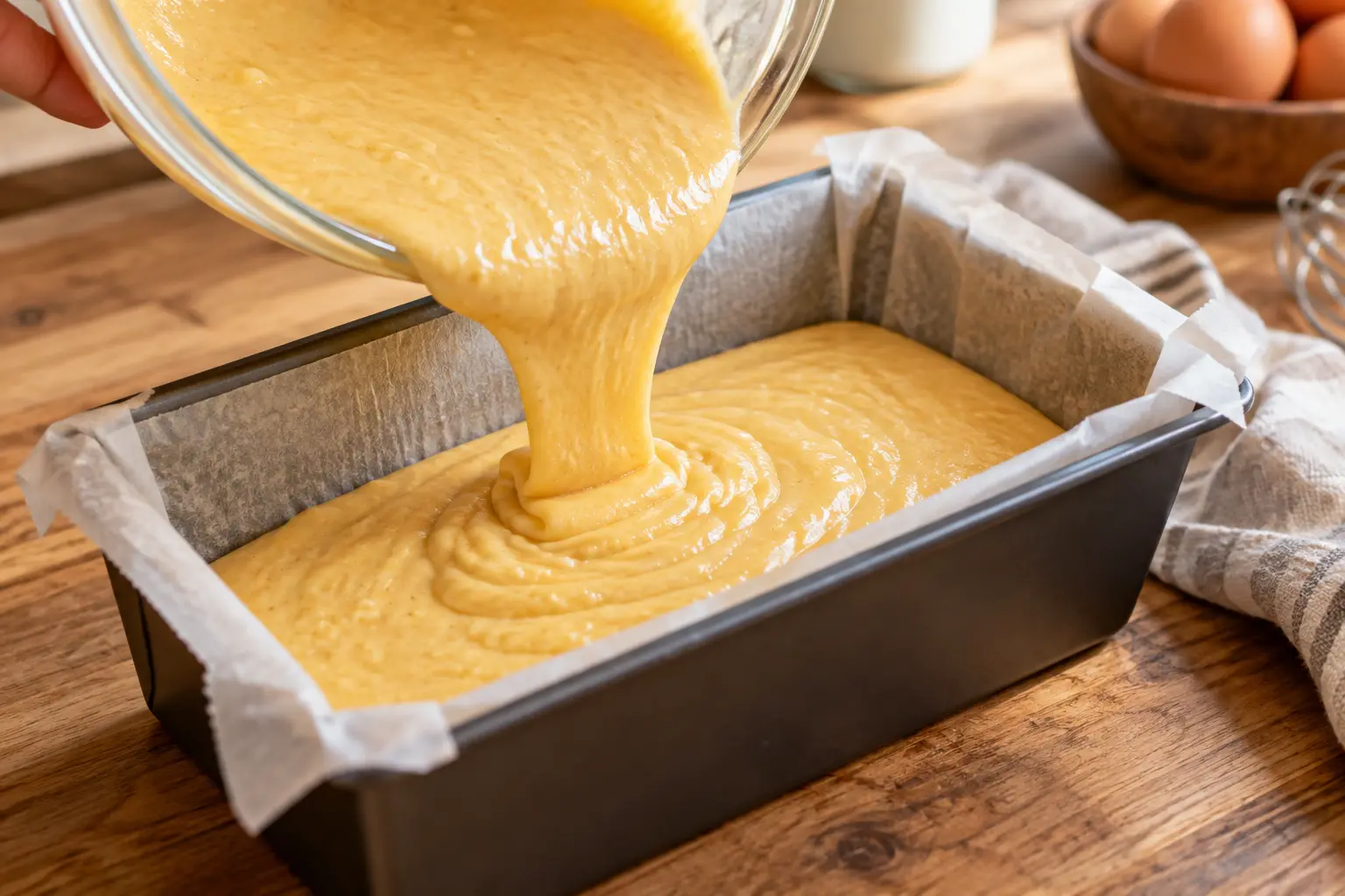Pâte du quatre-quarts protéiné versée dans un moule à cake avant cuisson