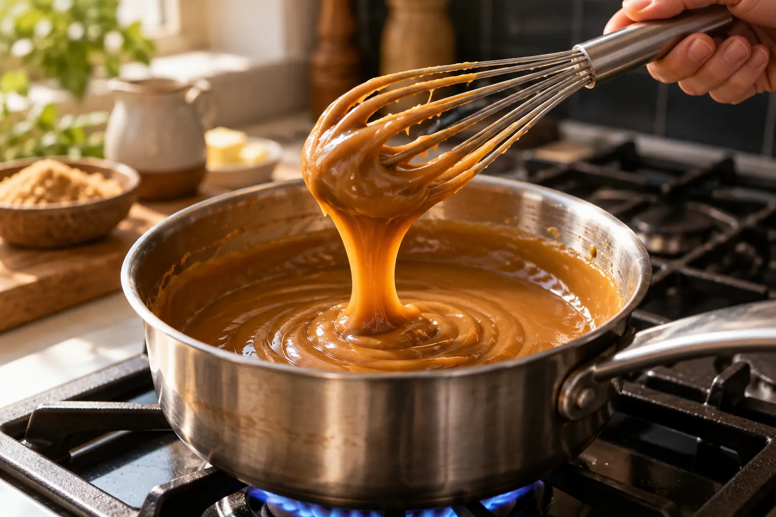 Crème dessert caramel en train d'épaissir dans la casserole avec un fouet