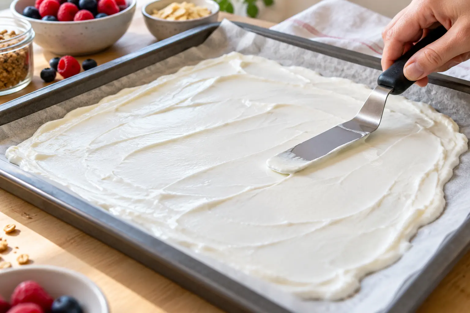 Spatule étalant le yaourt en couche régulière sur une plaque recouverte de papier sulfurisé