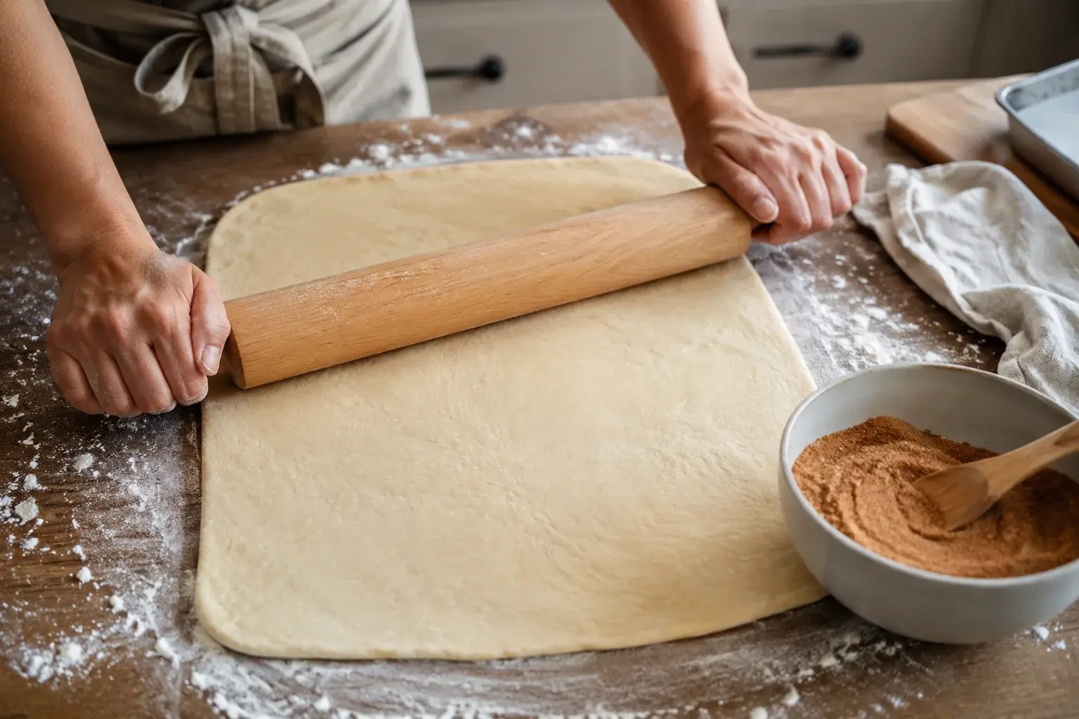 Rectangle de pâte étalé sur un plan de travail fariné, recouvert de cannelle et cassonade