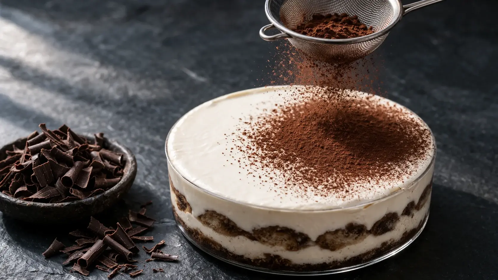 Saupoudrage de cacao en poudre sur le tiramisu forêt noire avec un tamis, ajout de copeaux de chocolat noir sur la surface crémeuse