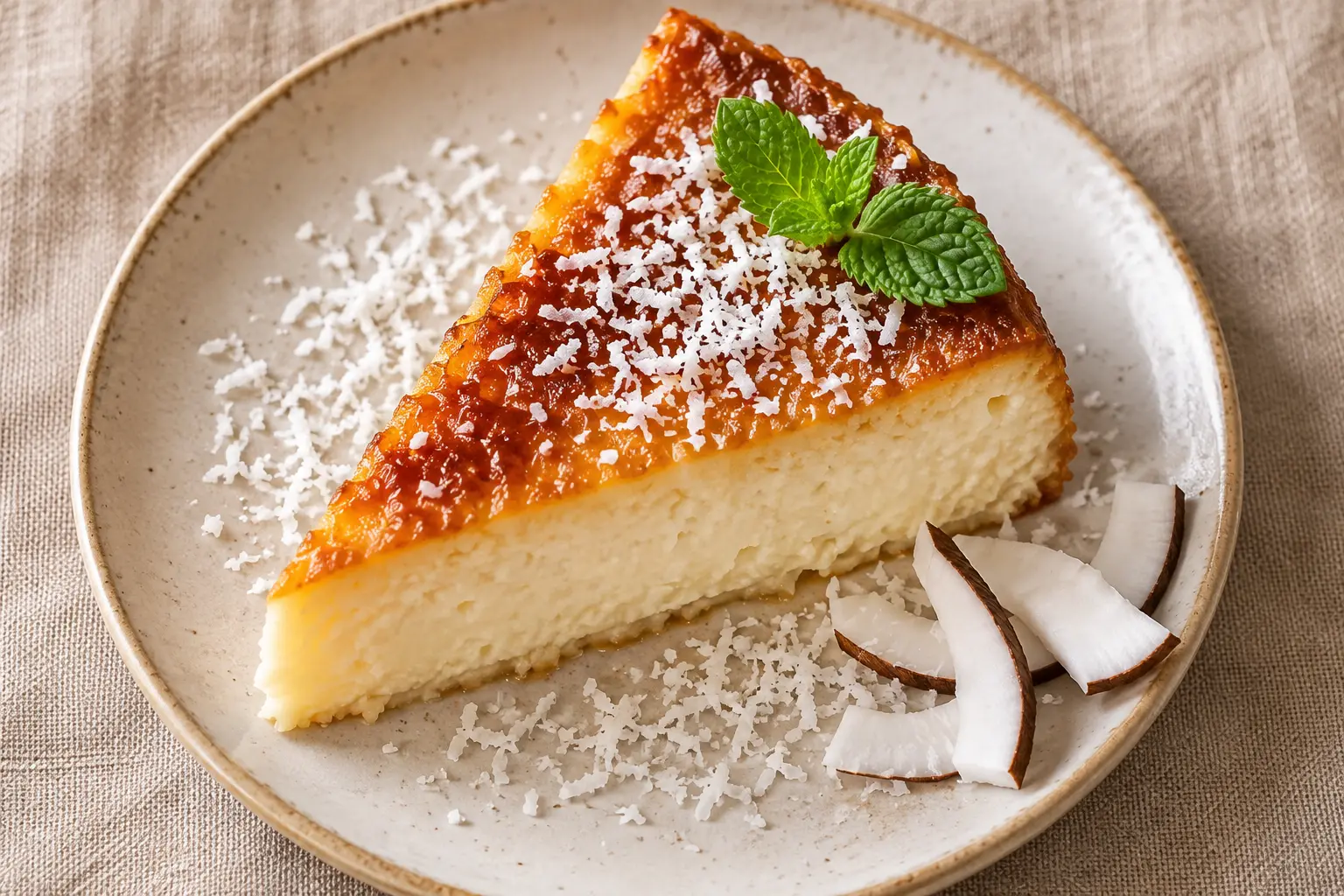 Part de flan coco protéiné vue de dessus avec copeaux de noix de coco