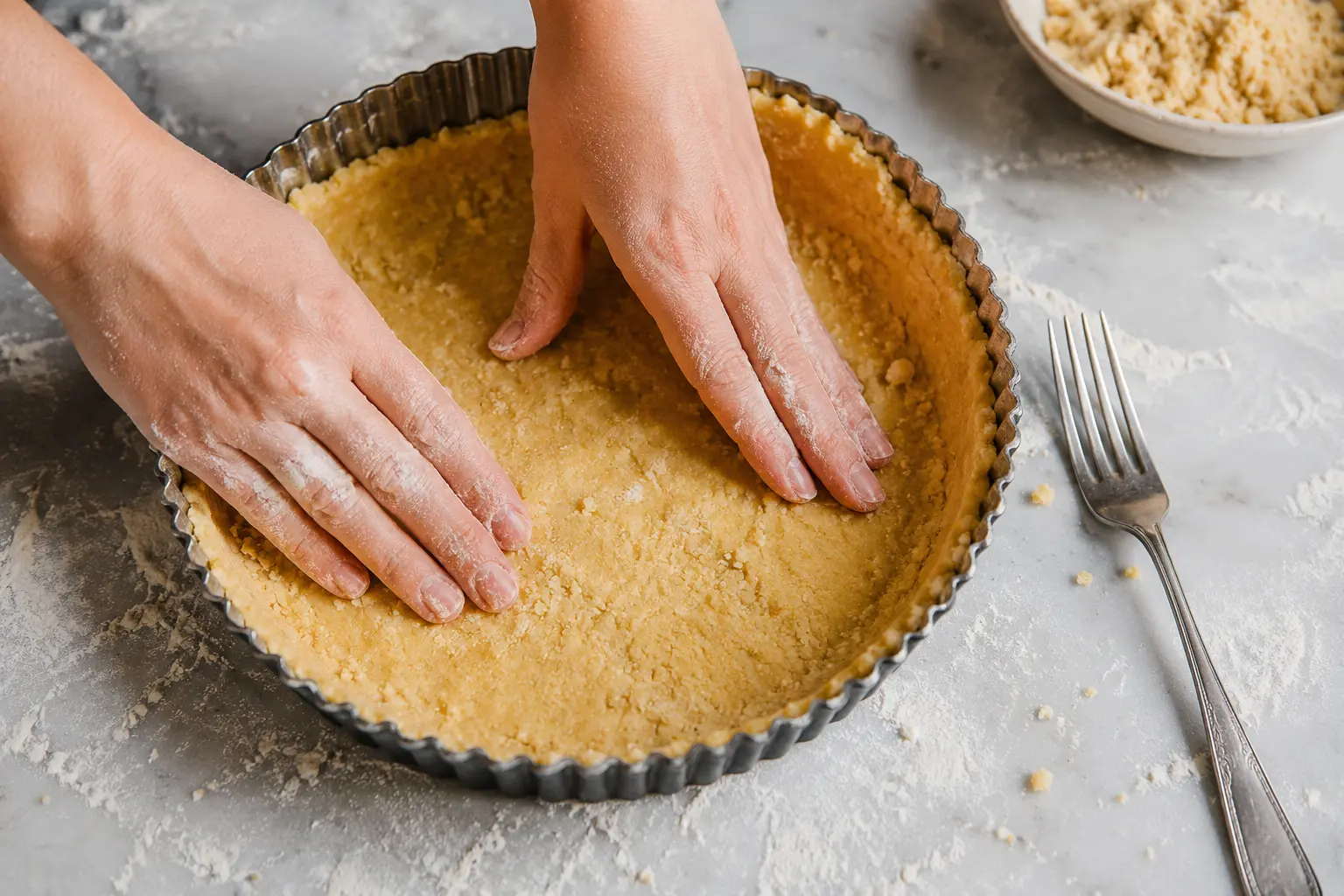 Pâte à tarte pressée dans un moule avec une fourchette piquant le fond avant cuisson