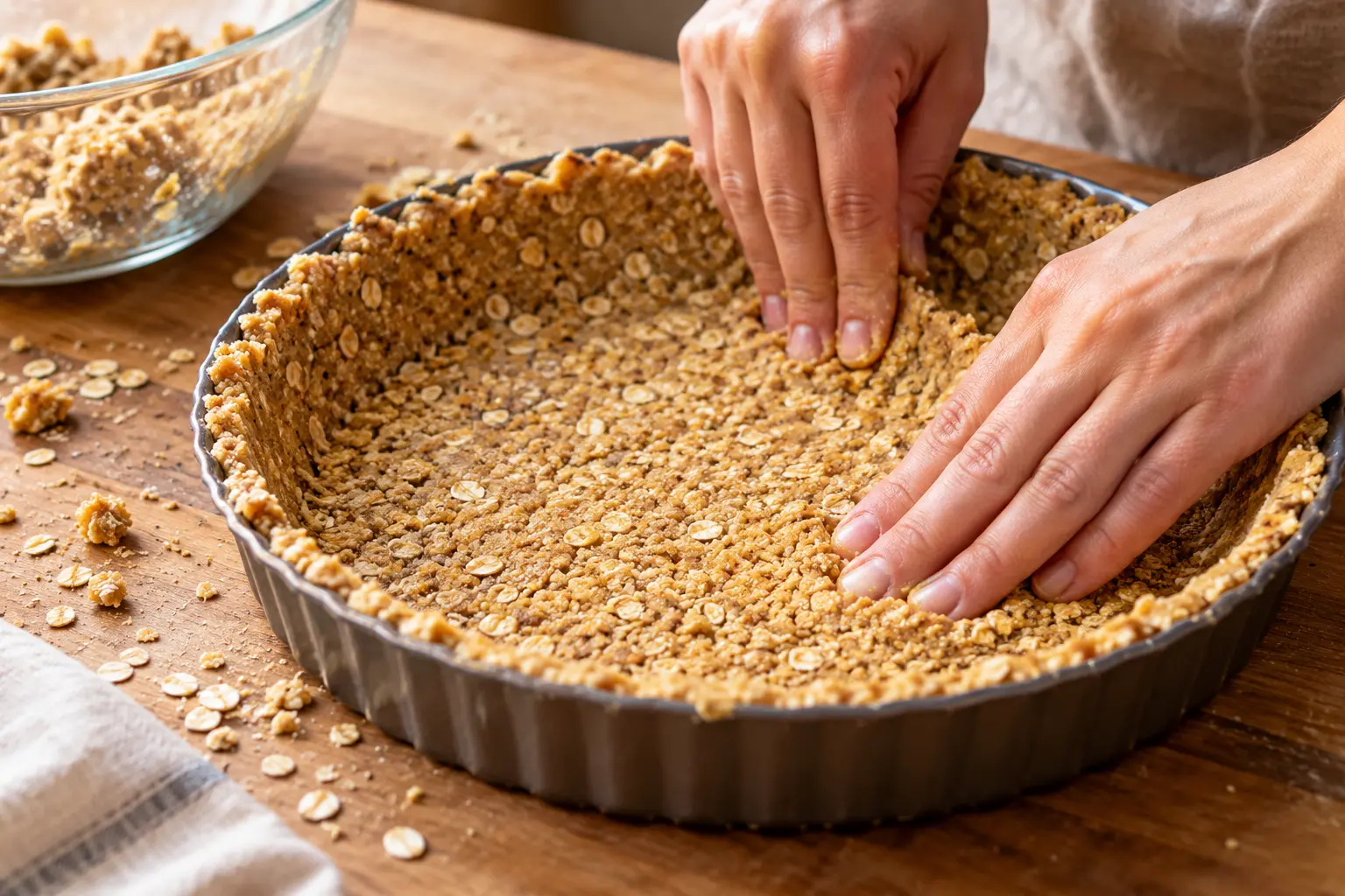Doigts pressant la pâte aux flocons d'avoine dans un moule à tarte rond