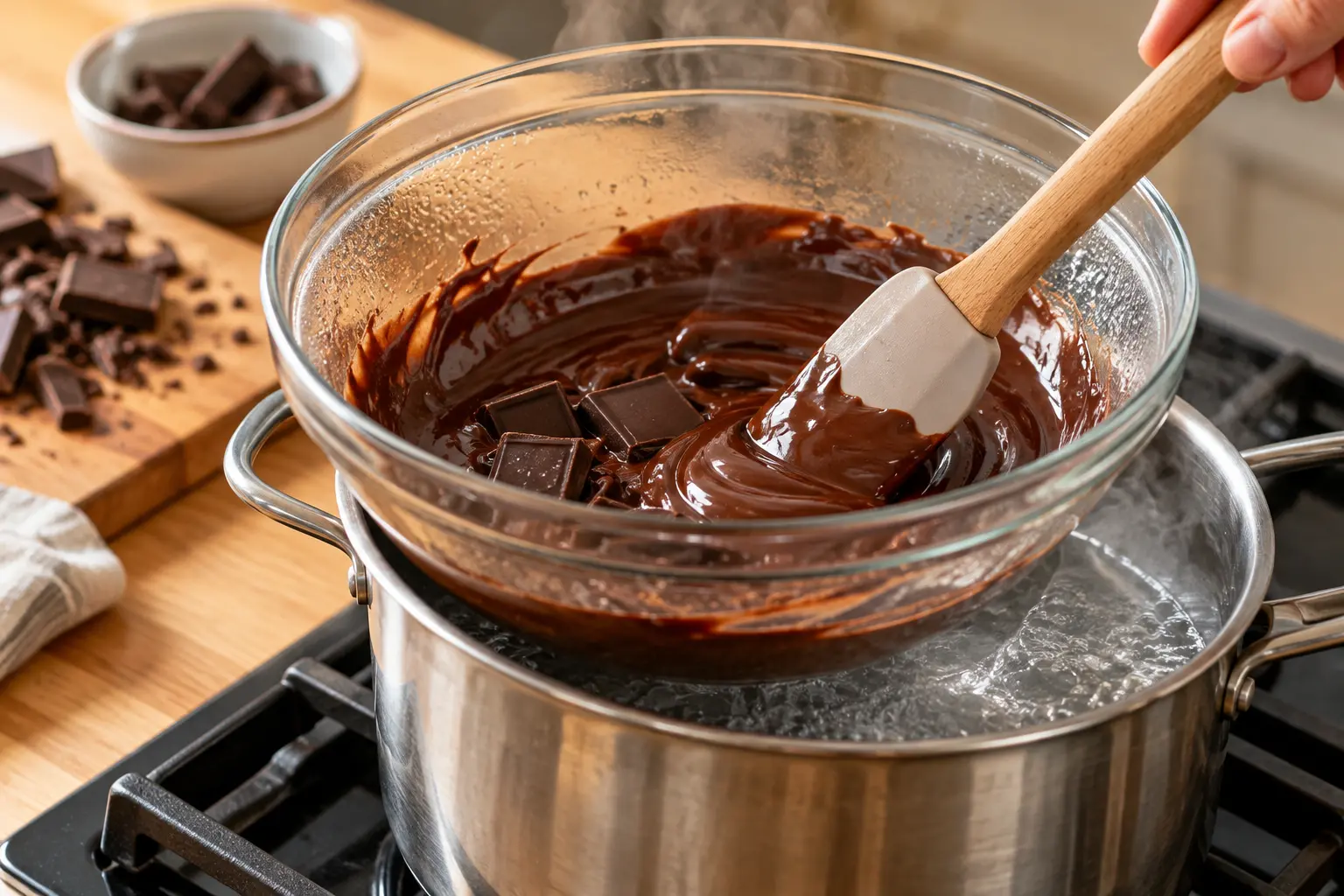 Chocolat noir en train de fondre au bain-marie dans un bol