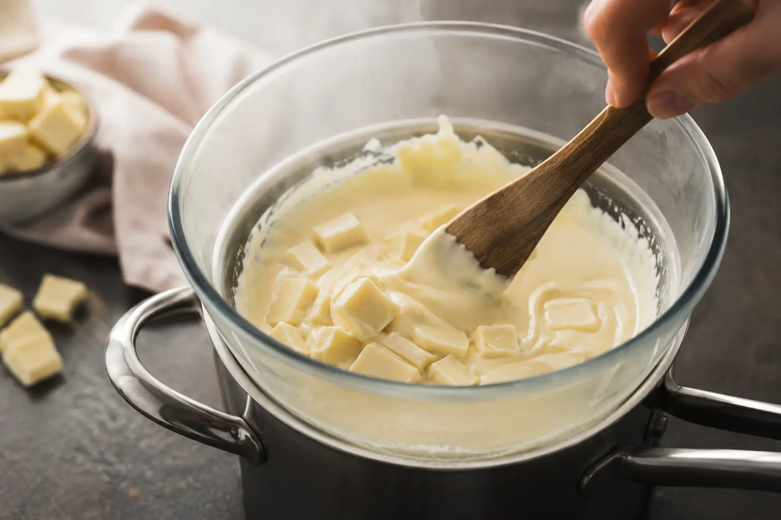 Chocolat blanc en train de fondre au bain-marie dans un bol en verre