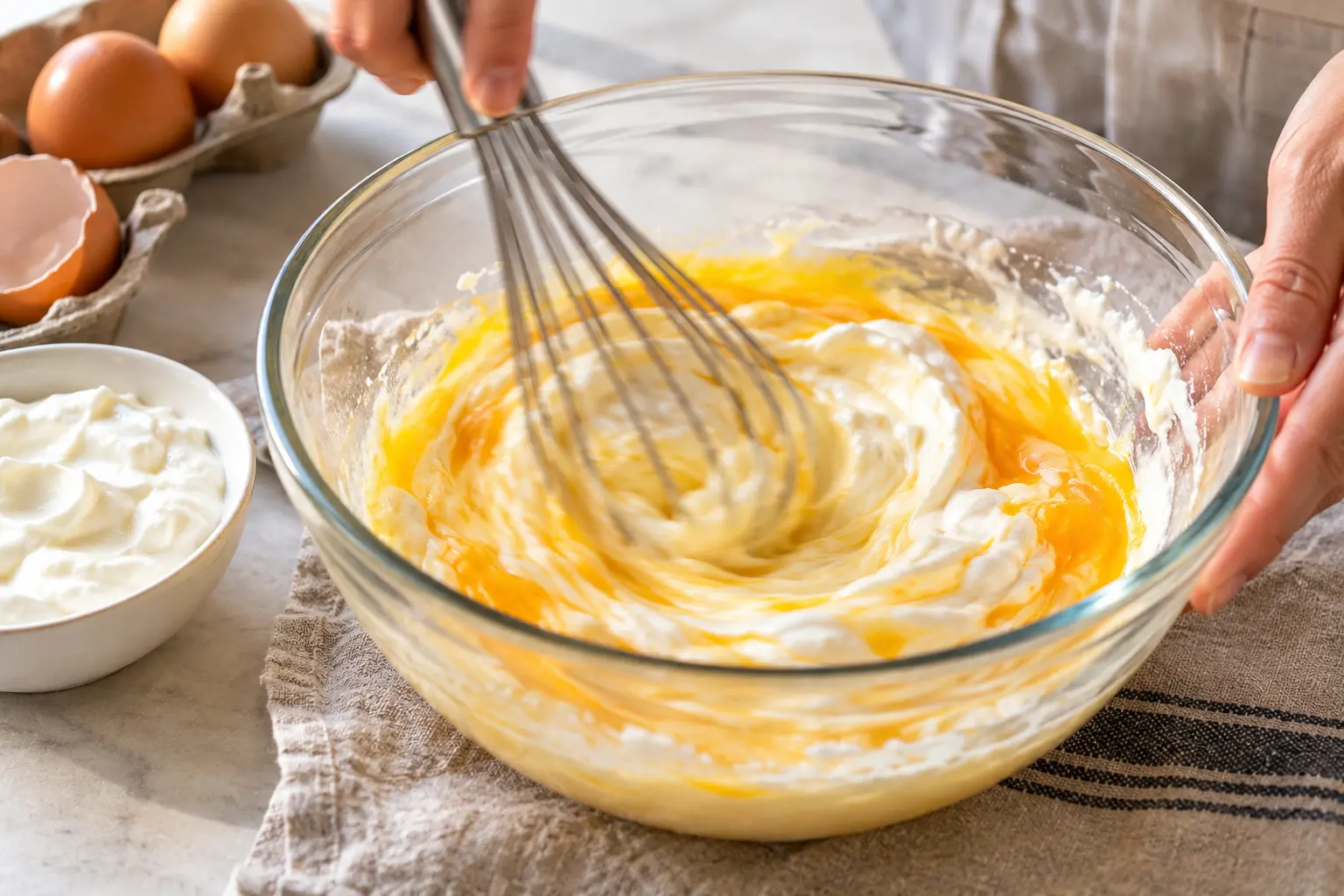 Fouet mélangeant les œufs et le fromage blanc dans un saladier