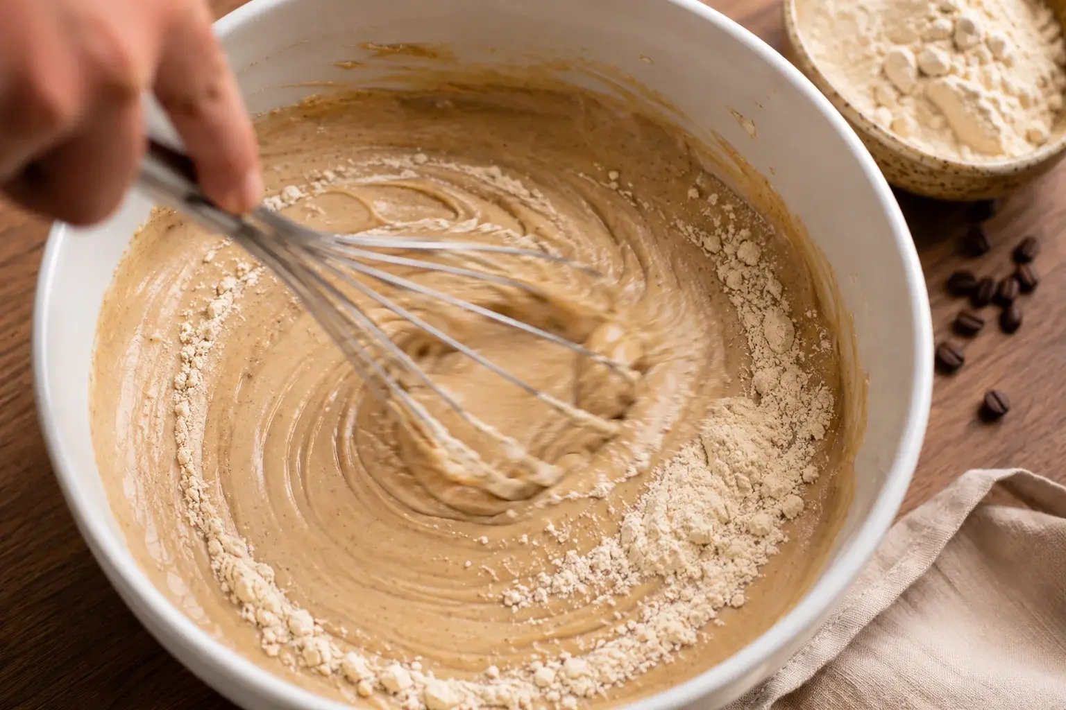 Fouet mélangeant la crème au café et la whey dans un saladier