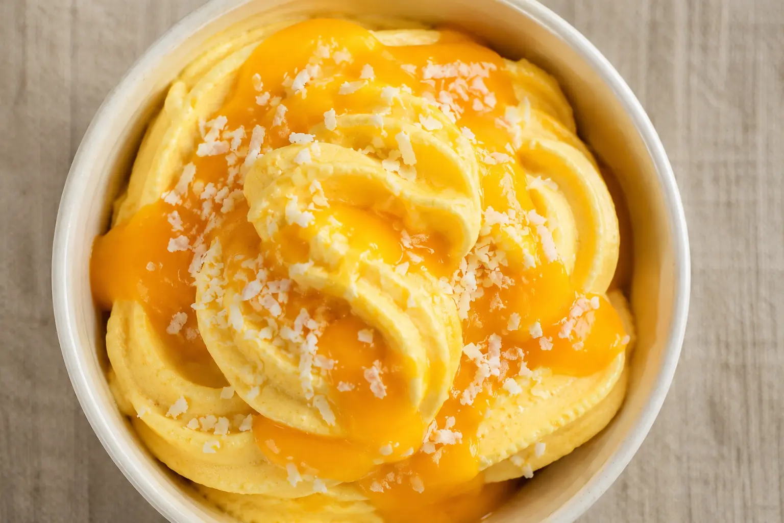 Portion de frozen yogurt mangue protéiné vue de dessus avec coulis de mangue