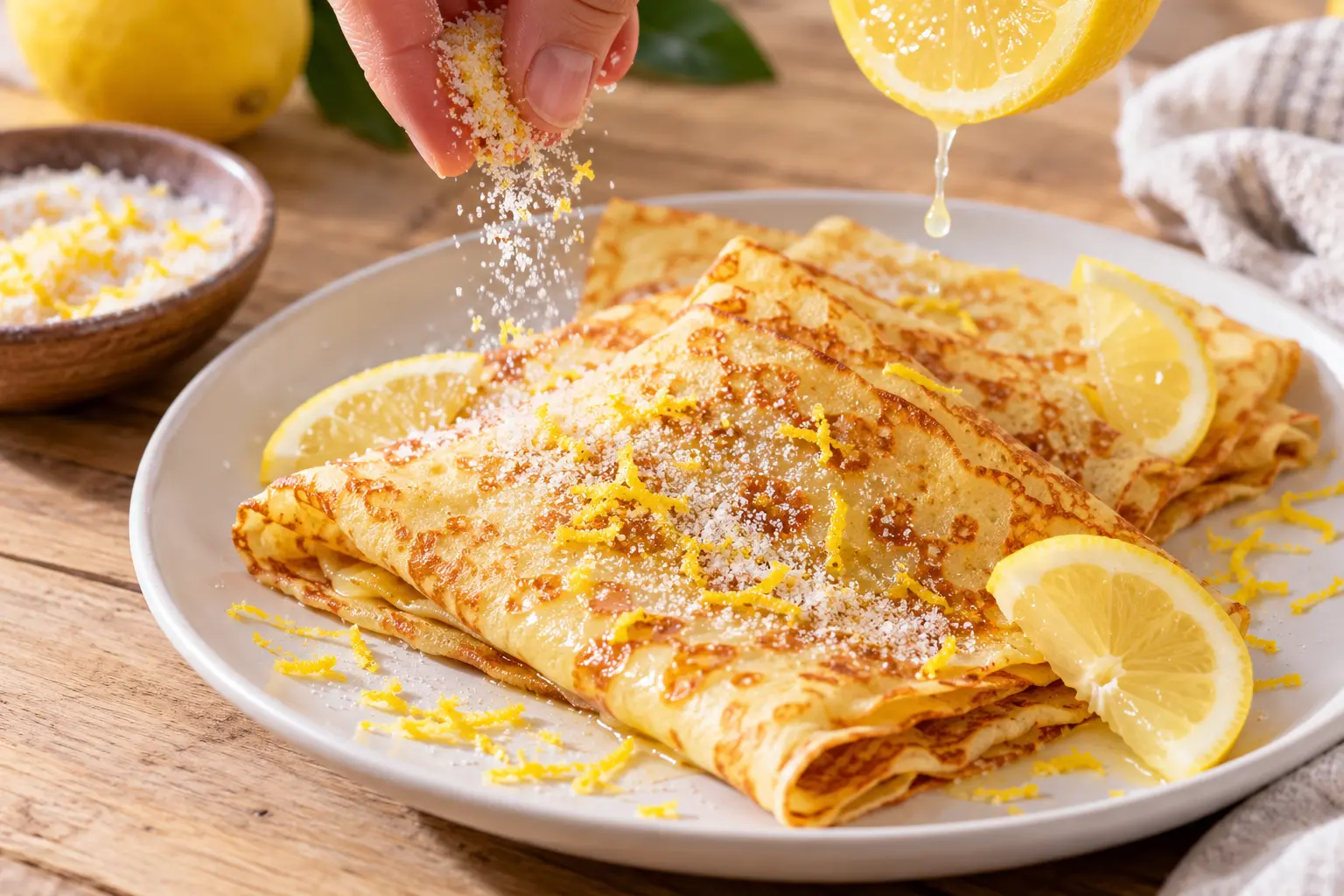 Crêpe protéinée pliée en triangle arrosée de jus de citron et saupoudrée de sucre citronné