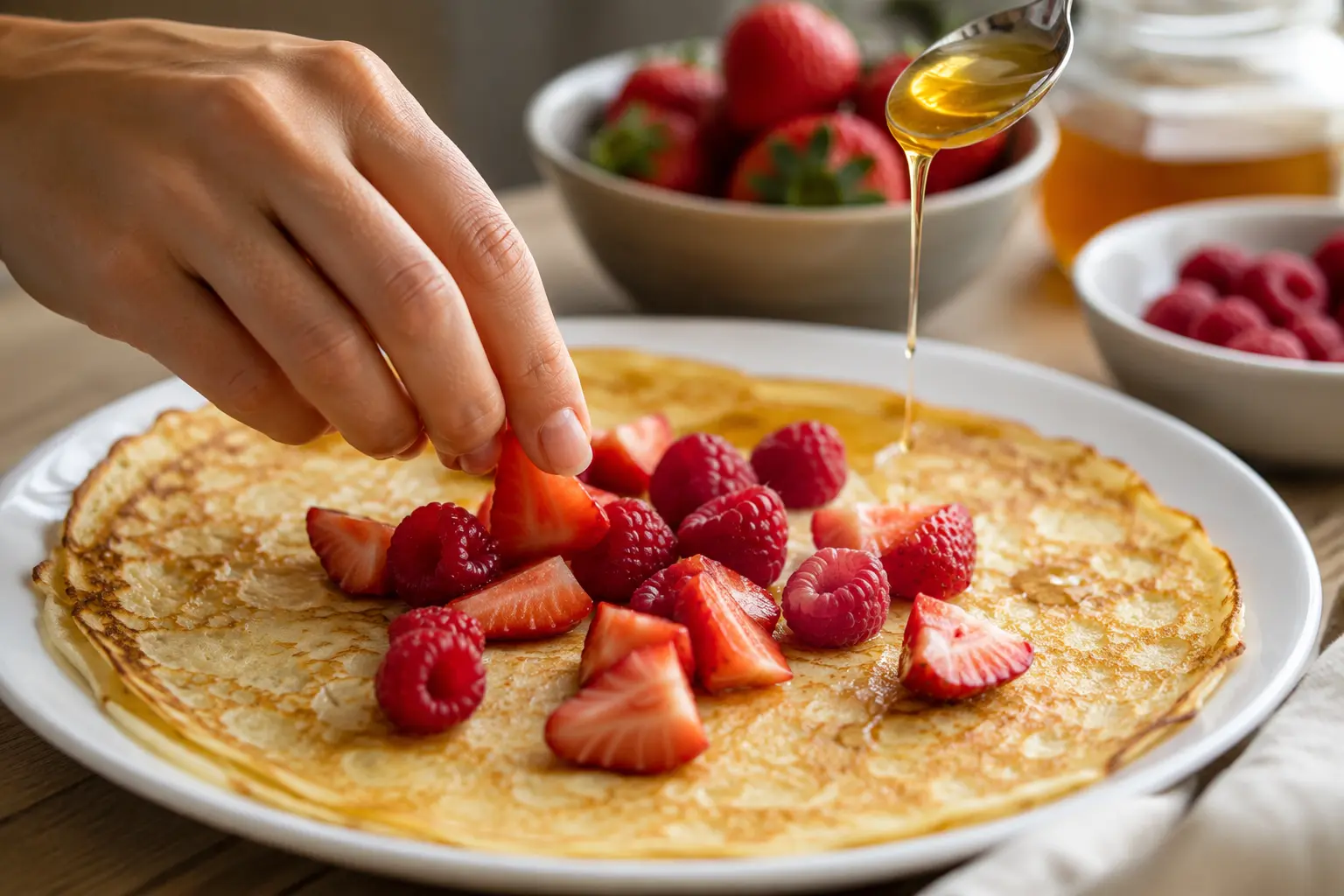 Crêpe protéinée en train d'être garnie de fraises, framboises, banane et kiwi